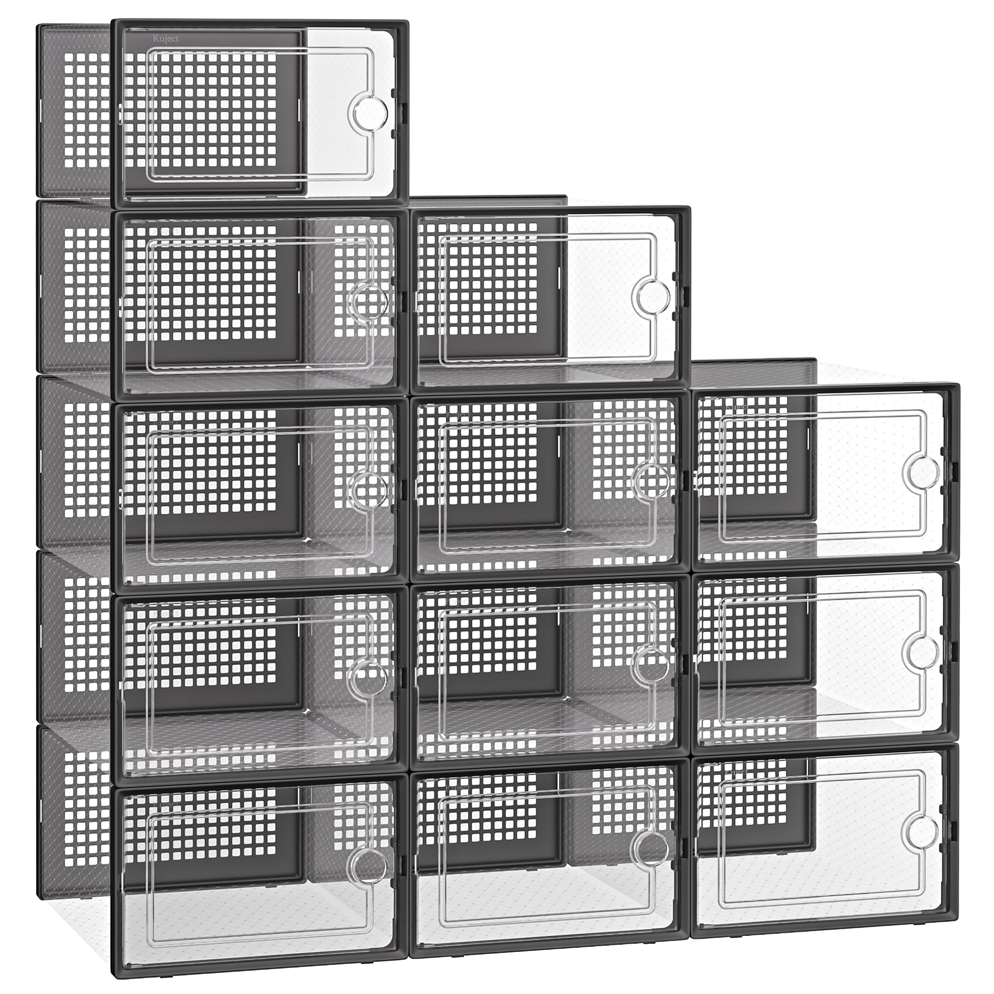 Kuject Black Shoe Organizers Storage Boxes for Closet, 12 Pack Clear Plastic Stackable Sneaker Containers Bins with Lids, Under 