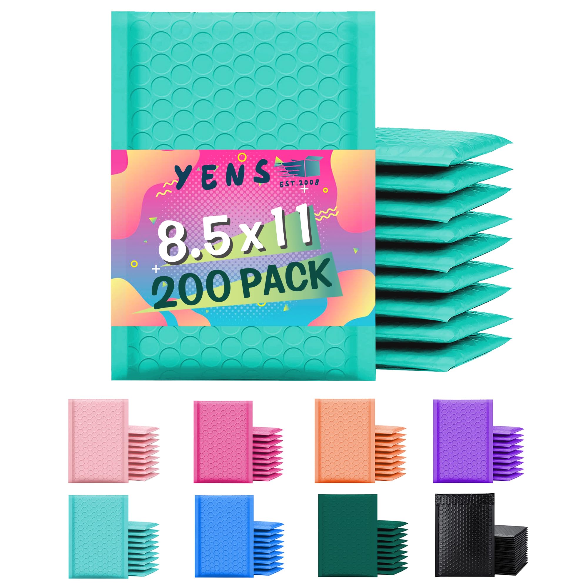 Yens Poly Bubble Mailers 8.5X12 200 Pack Teal Waterproof Self Seal Adhesive Shipping Bags, Cushioning Padded Envelopes For Shipp