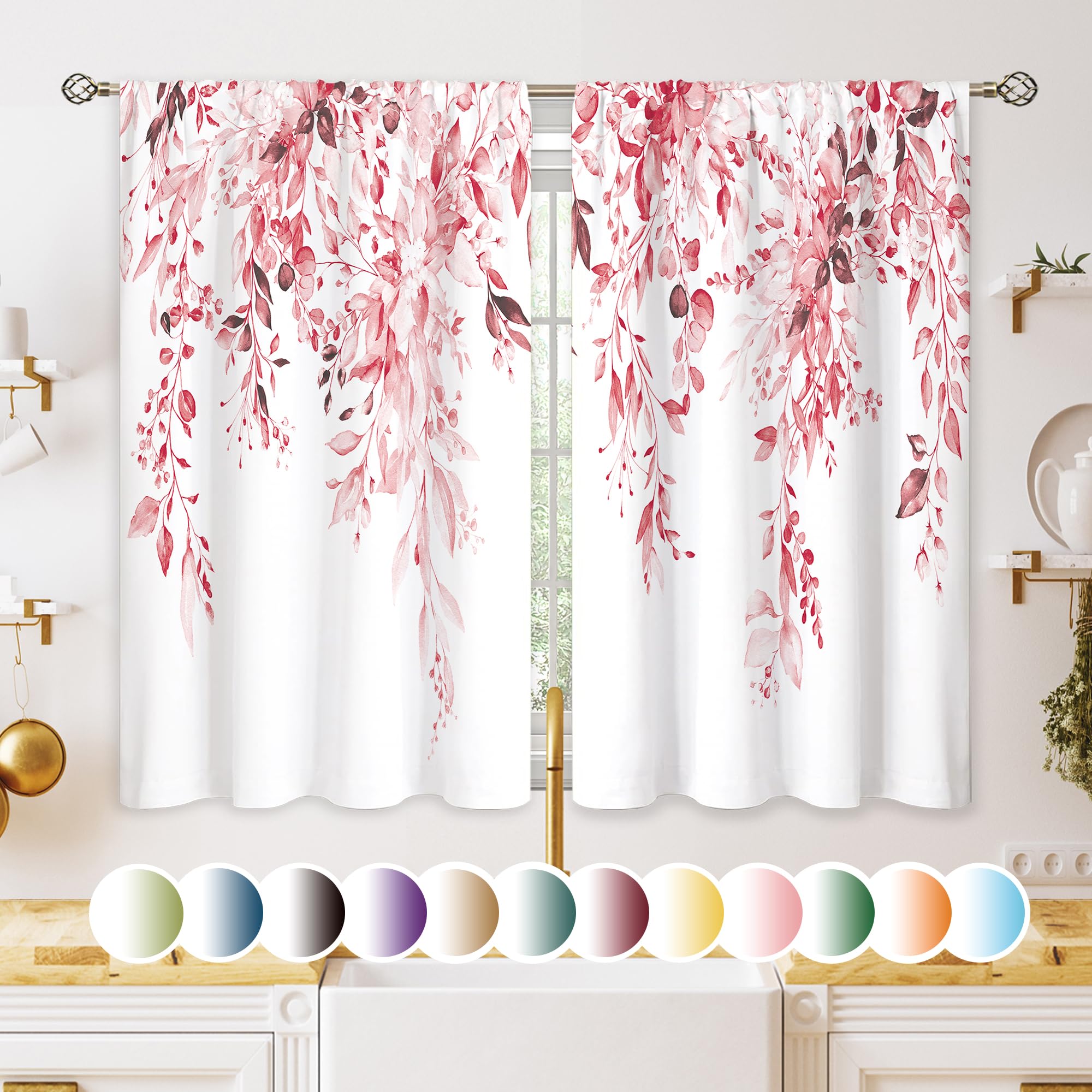 Oolygoo Pink Eucalyptus Botanical Leaves Floral Kitchen Window Curtains Over Sink Farmhouse Flower Leaf Small Window Treatment C