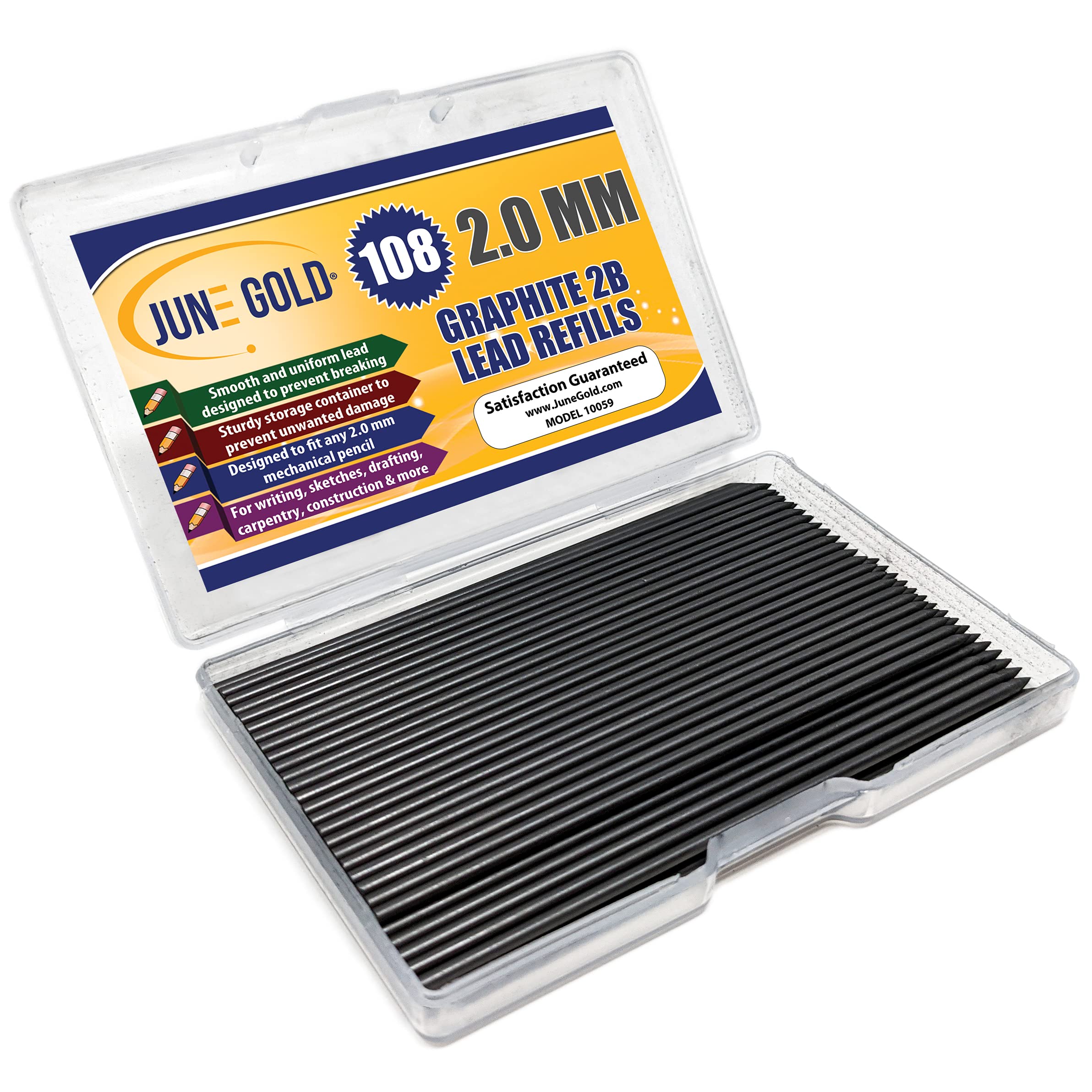 June Gold 108 Pieces, 2.0 Mm 2B Lead Refills, 90 Mm Length, Extra Bold Thickness, Break Resistant Lead/Graphite