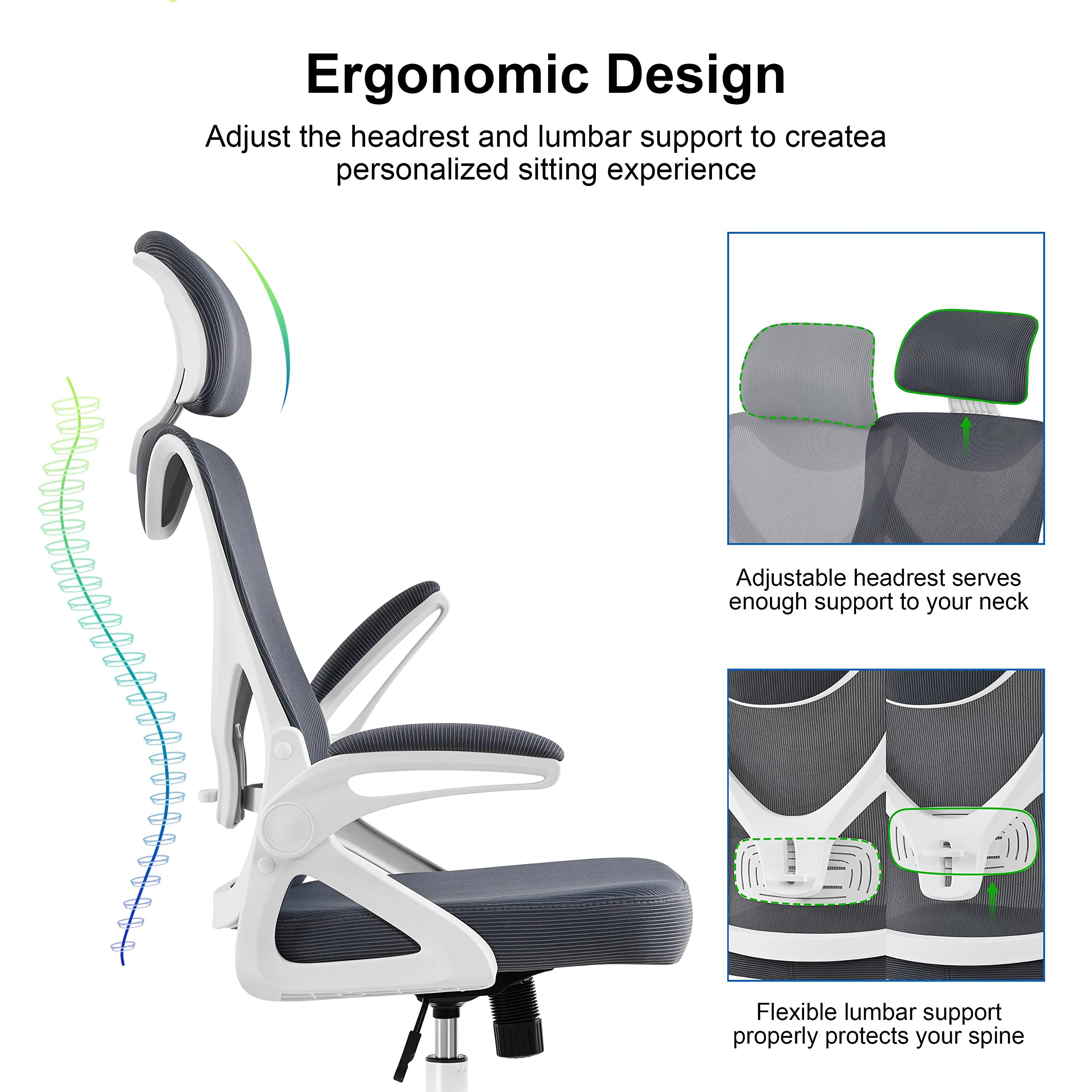 Yaheetech Ergonomic Mesh Office Chair, High Back Desk Chair With With Flip-Up Armrests, Adjustable Padded Headrest Computer Chair With Lumbar Support For Home Oiffce Game Room, White/Gray