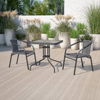 Flash Furniture Lila 28'' Square Glass Metal Table with Gray Rattan Edging and 2 Gray Rattan Stack Chairs