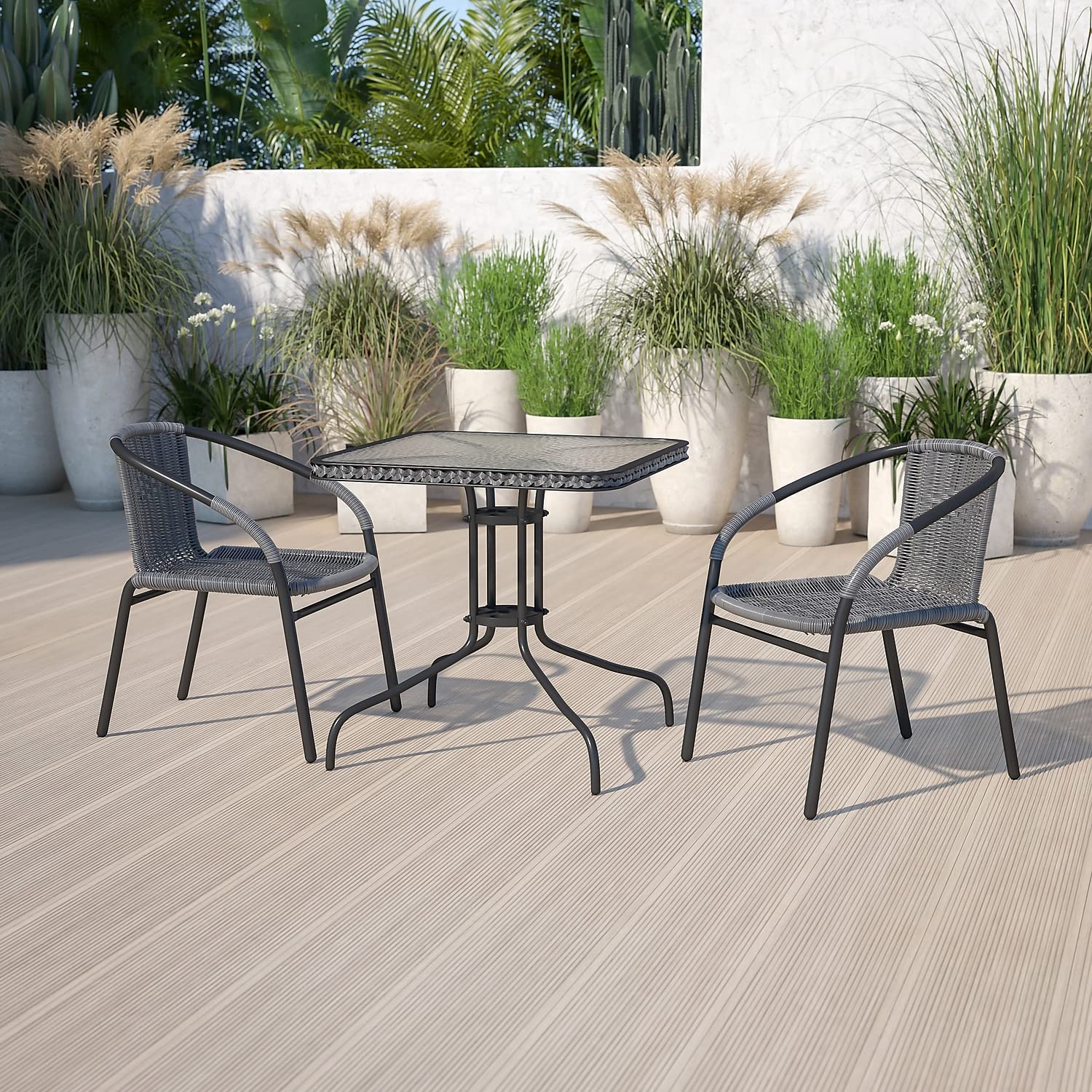 Flash Furniture Lila 28'' Square Glass Metal Table with Gray Rattan Edging and 2 Gray Rattan Stack Chairs