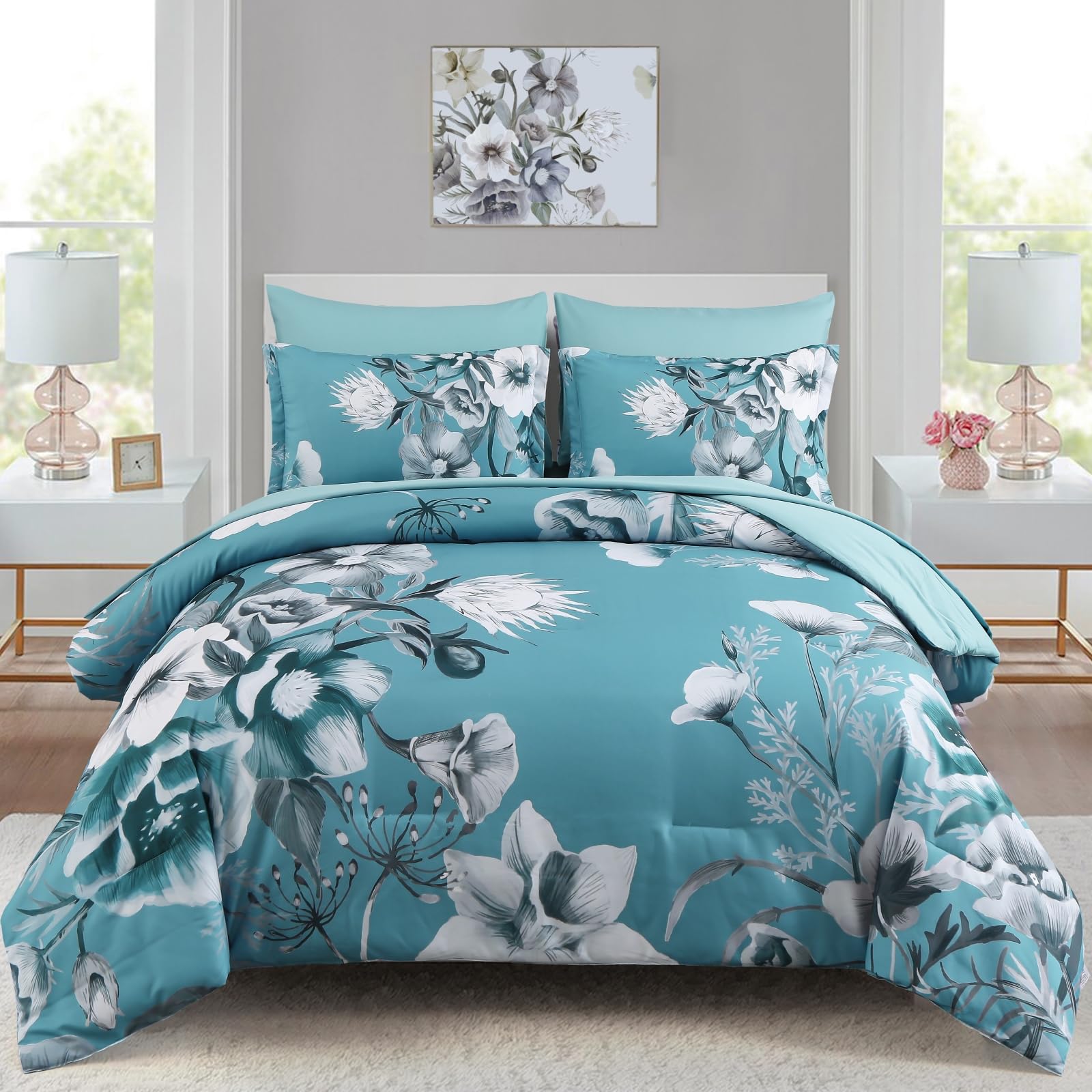 Luxudecor Floral Comforter Set King Size 7 Piece, Teal Blue Flower Bed In A Bag, Elegant Comforter Bedding Set For All Season (T