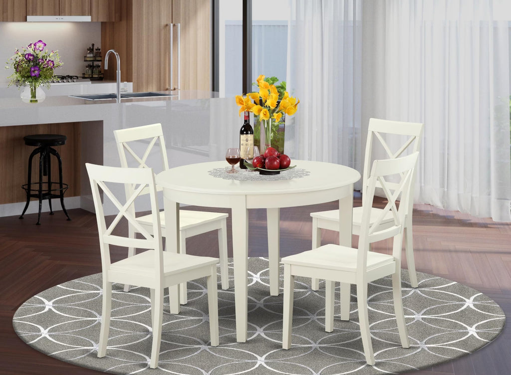East West Furniture BOST5-WHI-W 5 Piece Modern Dining Table Set Includes a Round Kitchen Table and 4 Kitchen Dining Chairs, 42x42 Inch, Linen White