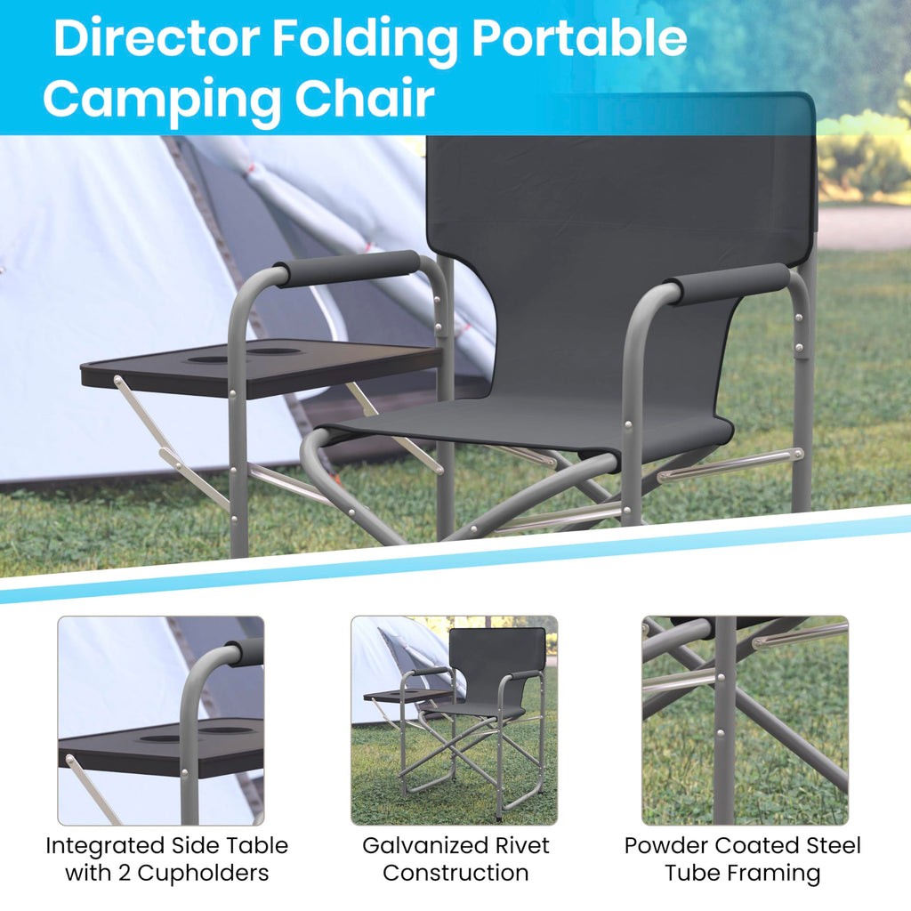 Flash Furniture Benjamin Folding Directors Camping Chair - Portable Gray Sports Chair with Cupholder Side Table - Indoor/Outdoor Steel Tube Framed Foldable Chair