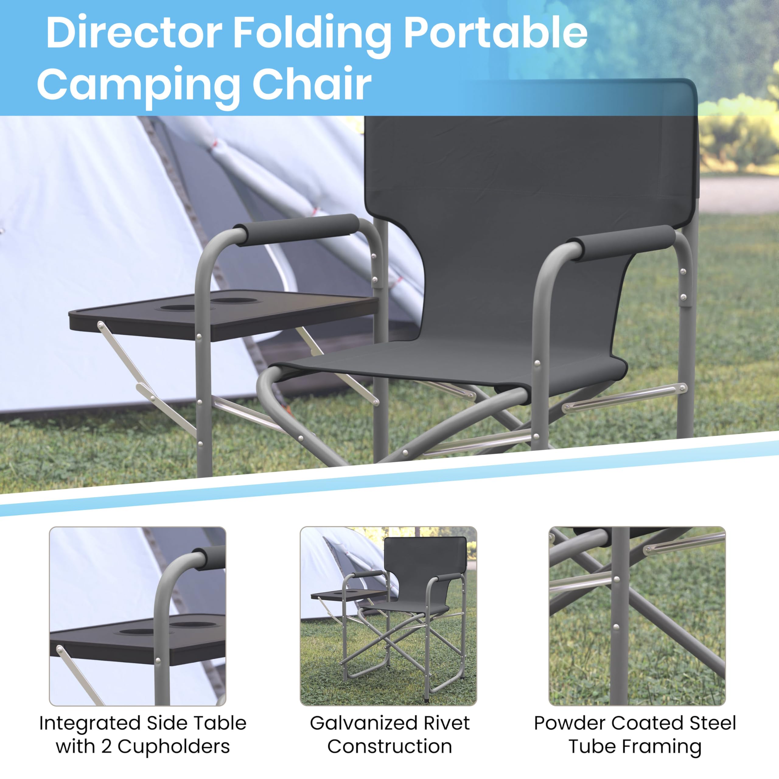 Flash Furniture Benjamin Folding Directors Camping Chair - Portable Gray Sports Chair with Cupholder Side Table - Indoor/Outdoor Steel Tube Framed Foldable Chair