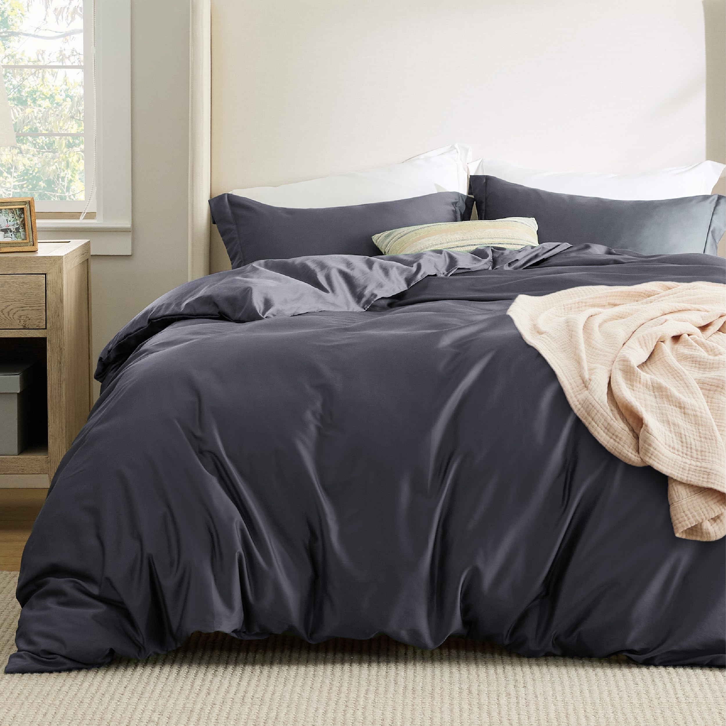 Bedsure Cooling Duvet Cover King Size - Moisture Wicking And Silky Eucalyptus Lyocell Cotton Hybrid Comforter Cover Set For Hot Sleeper - Buttery Soft And Breathable, Cooling Bedding Set, Dark Grey