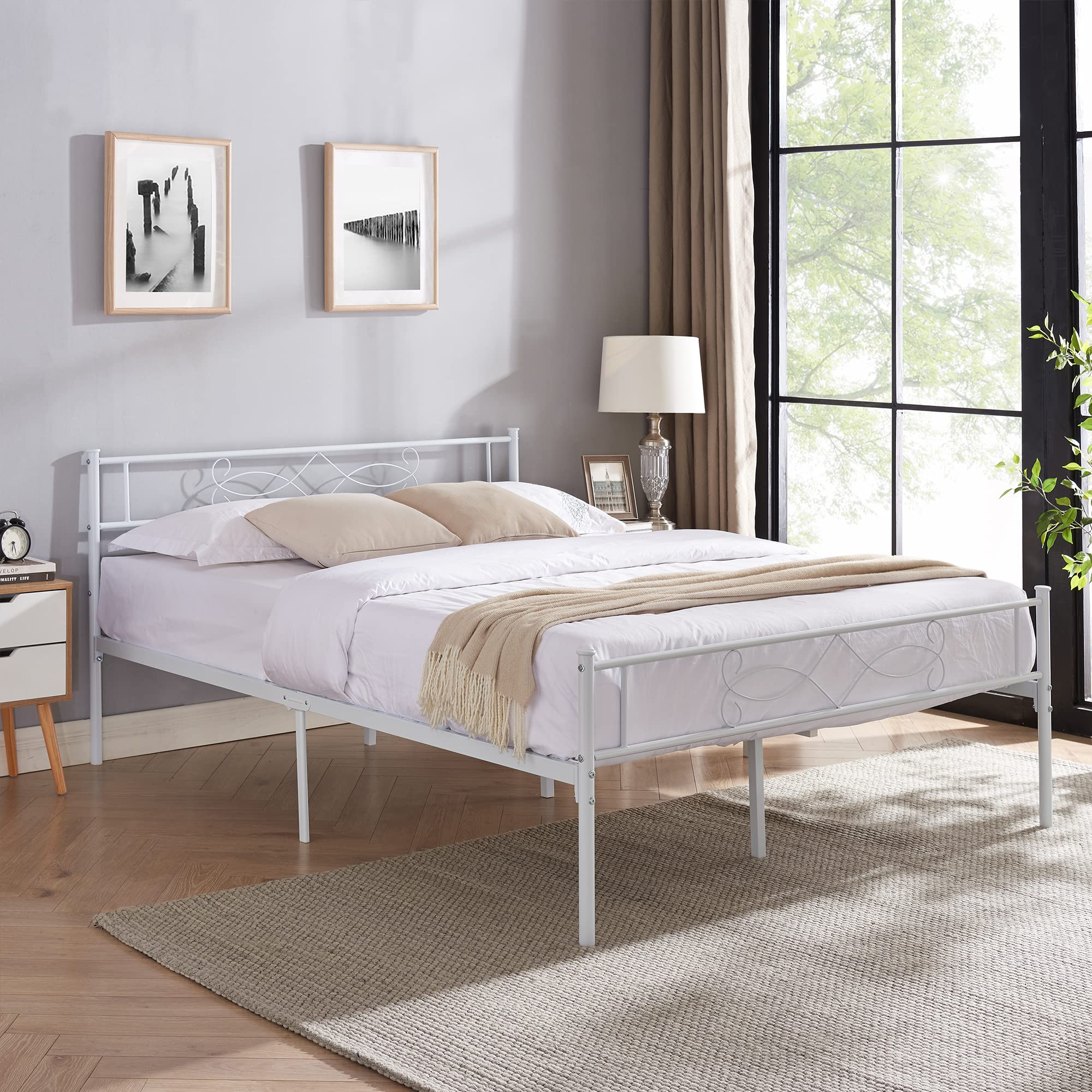 Vecelo 14' Full Size White Metal Platform Bed Frame With Headboard,Premium Steel Slat Support/No Box Spring Needed/Noise-Free/Easy Assembly