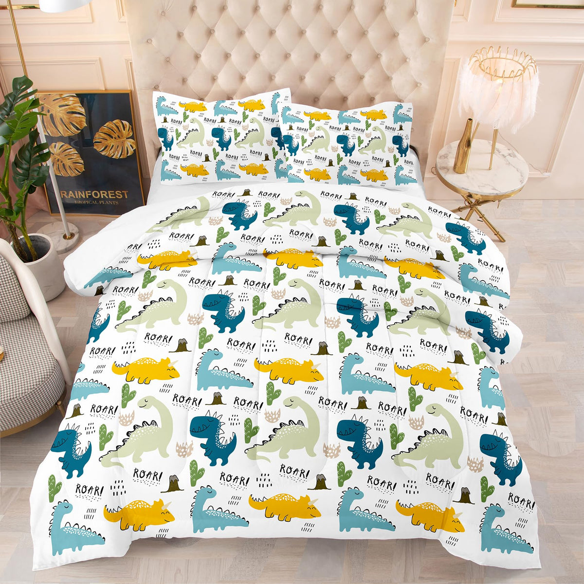 Ninenine Dinosaur Bedding Set For Kids,Queen Size Dinosaur Comforter Sets For Kids Boys,Blue Bedding Sets Cute Bed Set With 1 Co