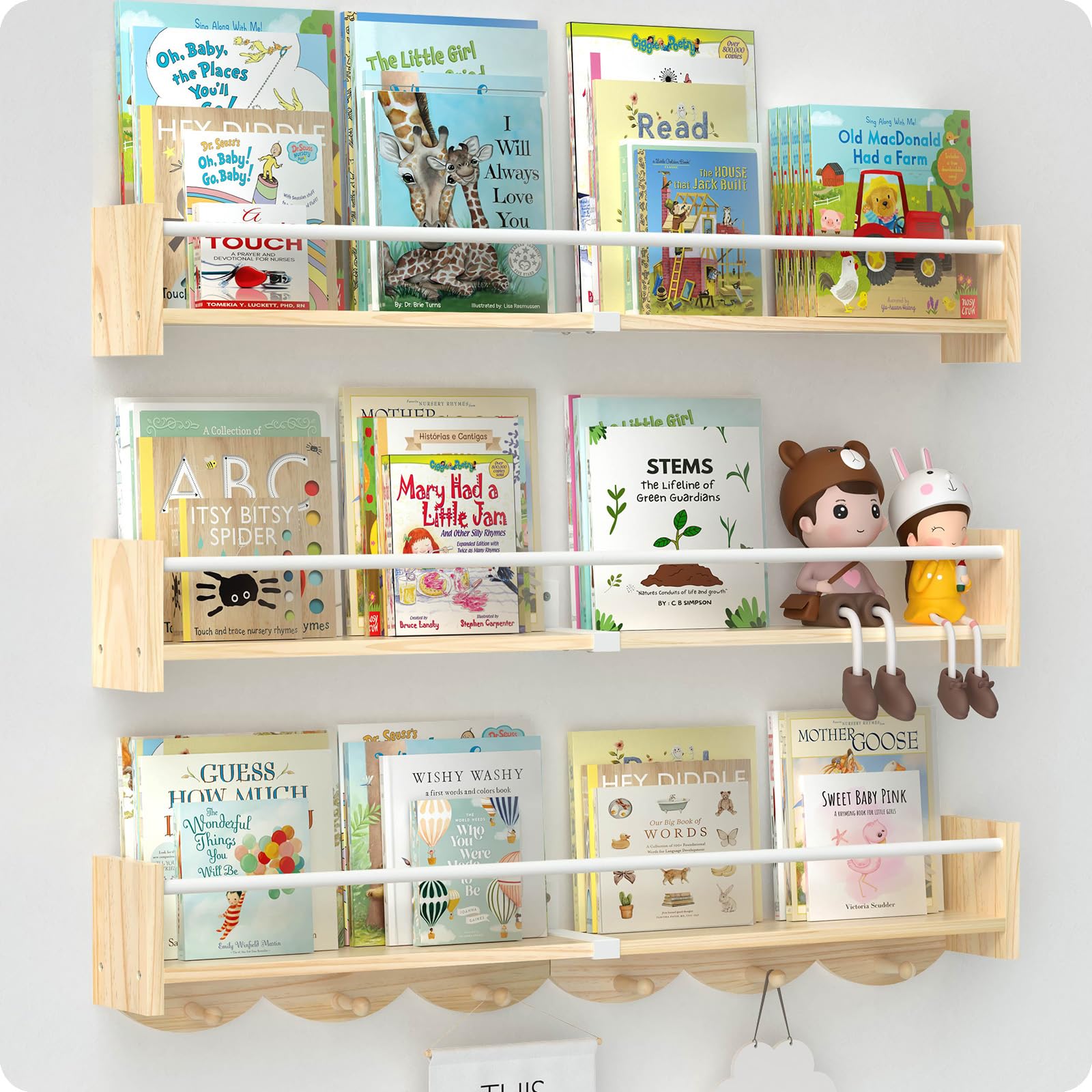 Bidami Book Shelf for Kids Rooms, Nursery Book Shelves,Floating Book Shelves for Wall, 33.8 inch Wall Book Shelf Set of 3,Perfec