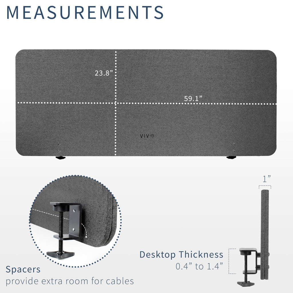 Vivo Clamp-On/Screw-On 60 X 24 Inch Privacy Panel, Sound Absorbing Cubicle Desk Divider, Acoustic Partition, Dark Gray, Pp-1-V060D