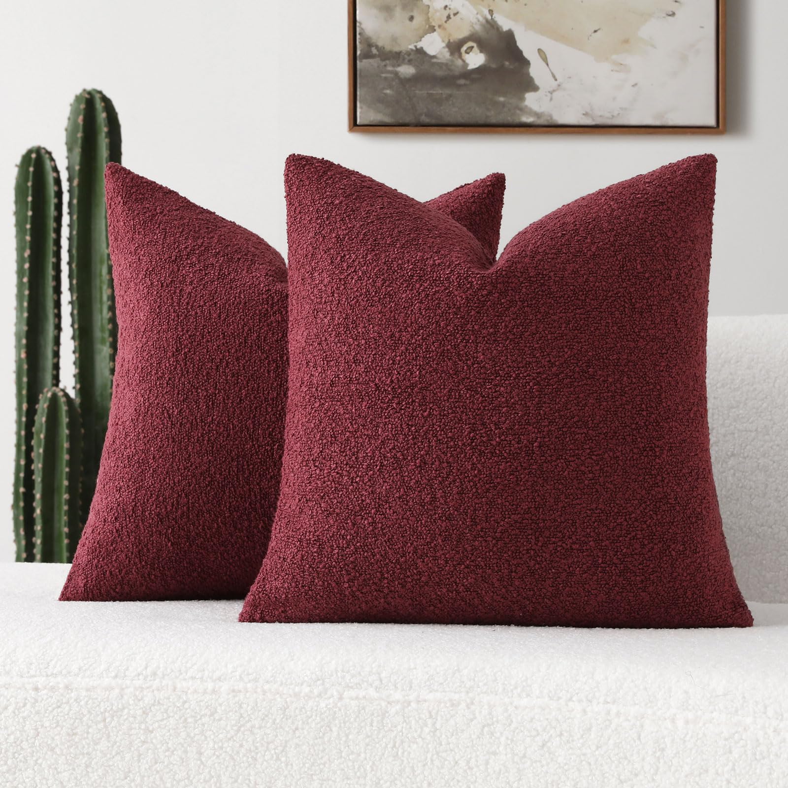 Futei Pack Of 2 Burgundy Boucle Accent Decorative Throw Pillow Covers,24X24 Inch Soft Solid Textured Euro Pillow Shams,Home Deco