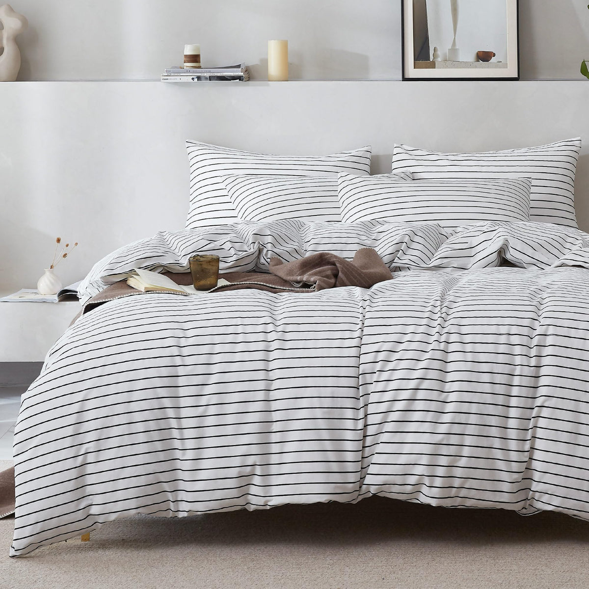 Jellymoni 100% Natural Cotton 2Pcs Striped Duvet Cover Sets, White Duvet Cover With Thin Black Stripes Pattern Printed Comforter