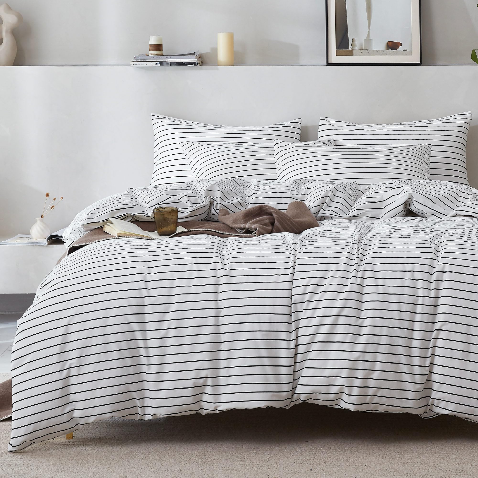 Jellymoni 100% Natural Cotton 2Pcs Striped Duvet Cover Sets, White Duvet Cover With Thin Black Stripes Pattern Printed Comforter