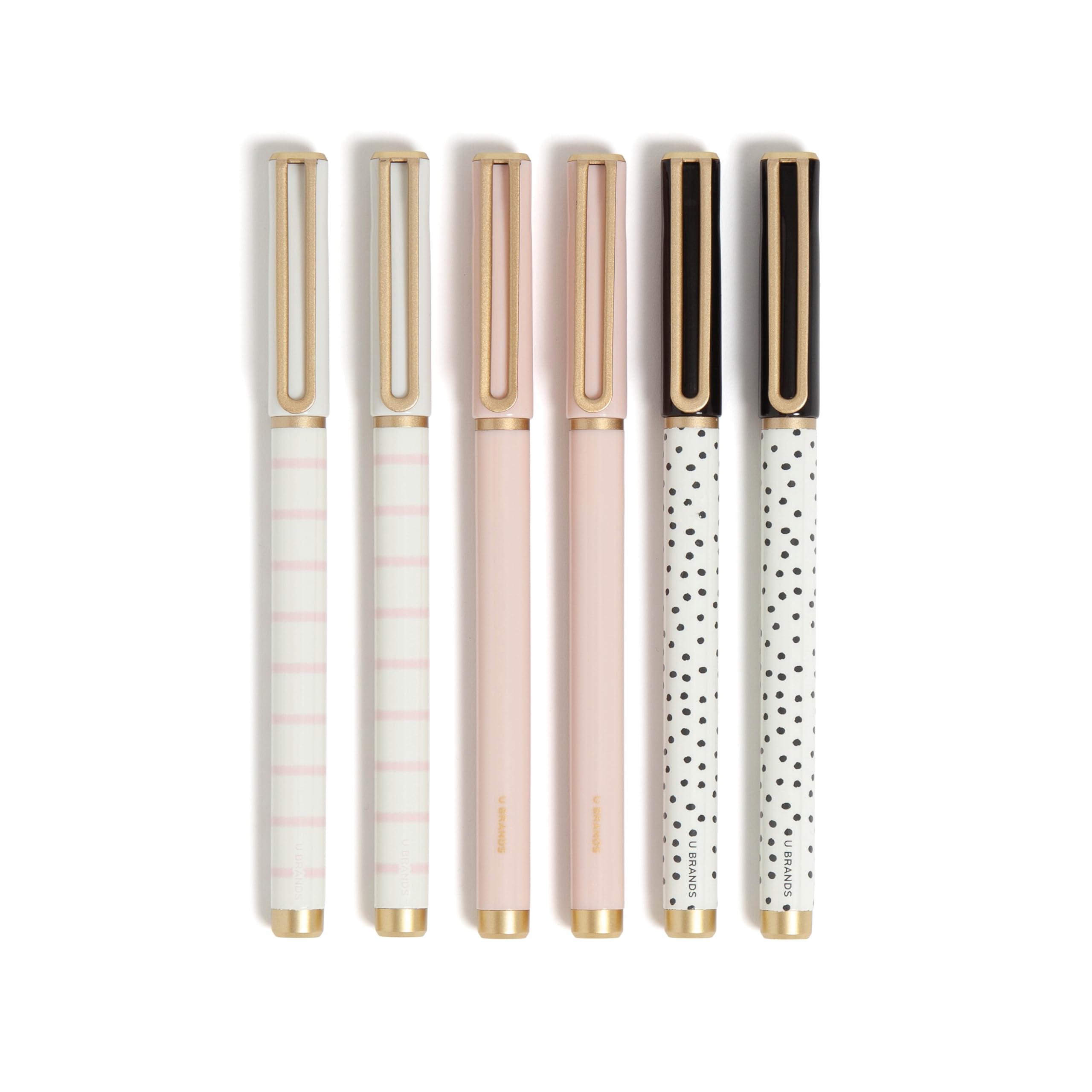 U Brands Catalina Felt Tip Pens, Set Of 6, Classic Chic Stripes And Dots With Gold Details, Medium (0.7 Mm) Point, Black Ink