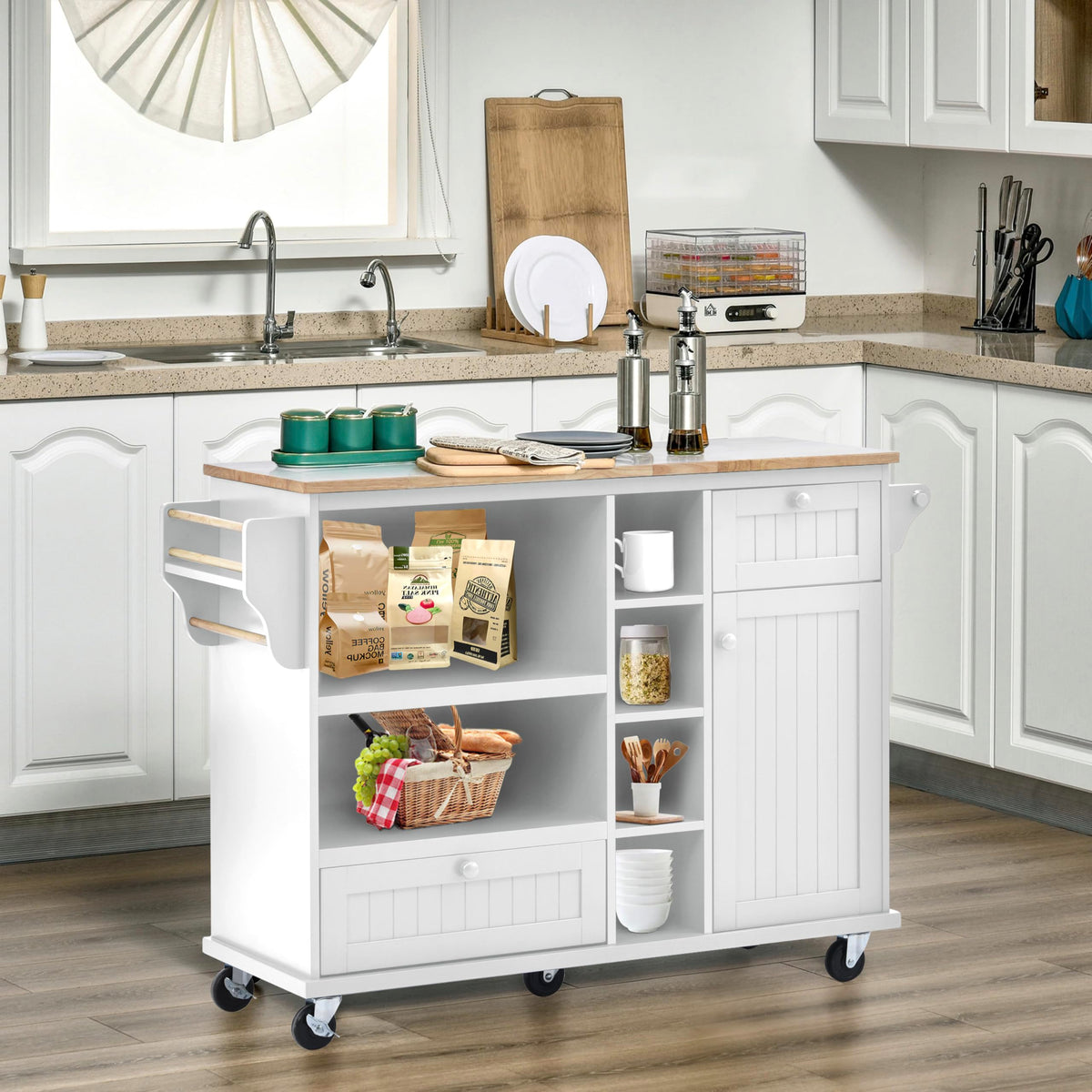 Lumisol Kitchen Island Cart On Wheels With Storage Cabinet, Rolling Kitchen Island With Microwave Storage And Wood Top For Dinin