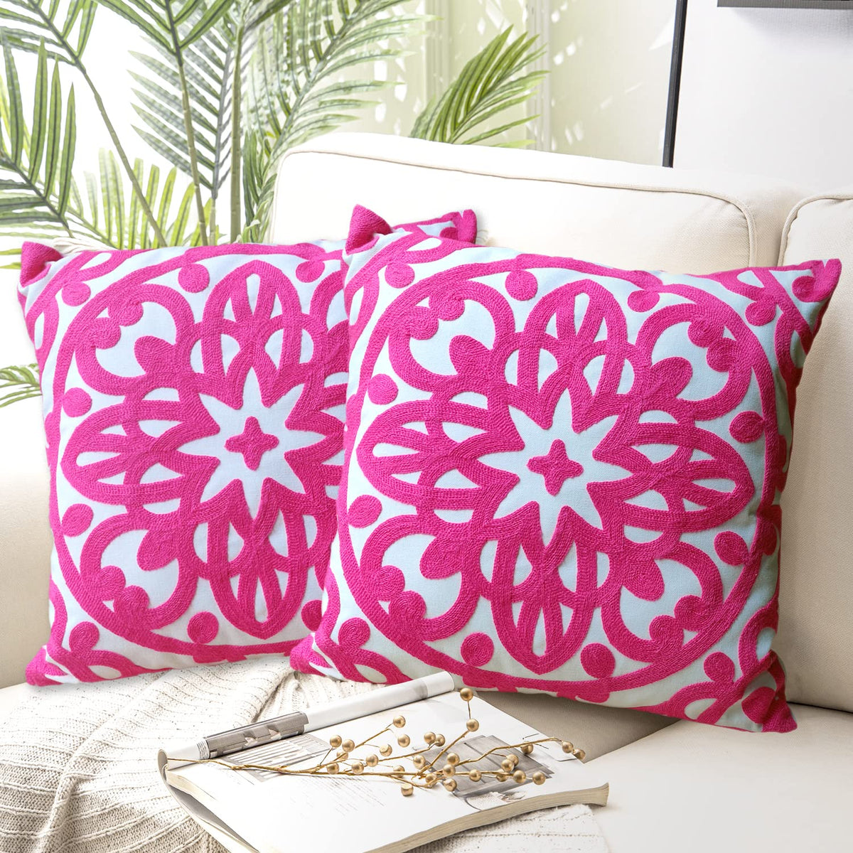 Alysheer Embroidered Decorative Throw Pillow Covers 18'X18' Set Of 2 Pieces, Cozy Chic Boho Mandala Knit Pattern, Durable 100%