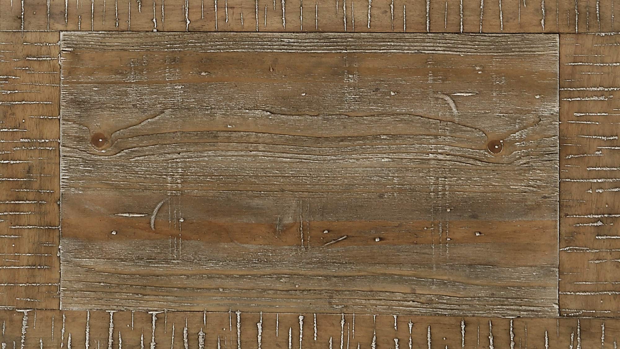 Madrona Burke Queen Eleanor Sandstone Buff and Cream Bed with Weathered Wood Framing and Curved, Upholstered Headboard and Footboard Panels