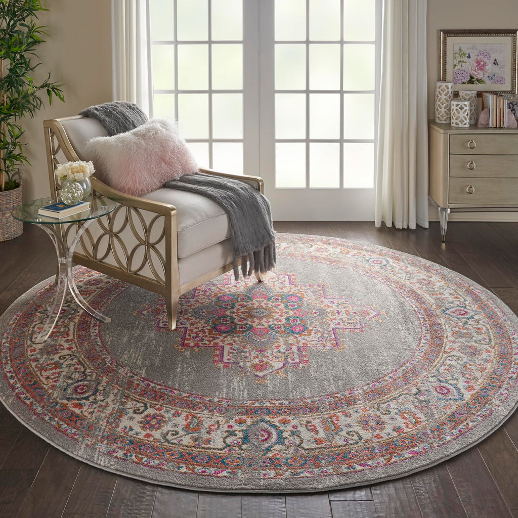 Nourison Passion Grey 8' X Round Area -Rug, Boho, Traditional, Easy -Cleaning, Non Shedding, Bed Room, Living Room, Hallway, (8'