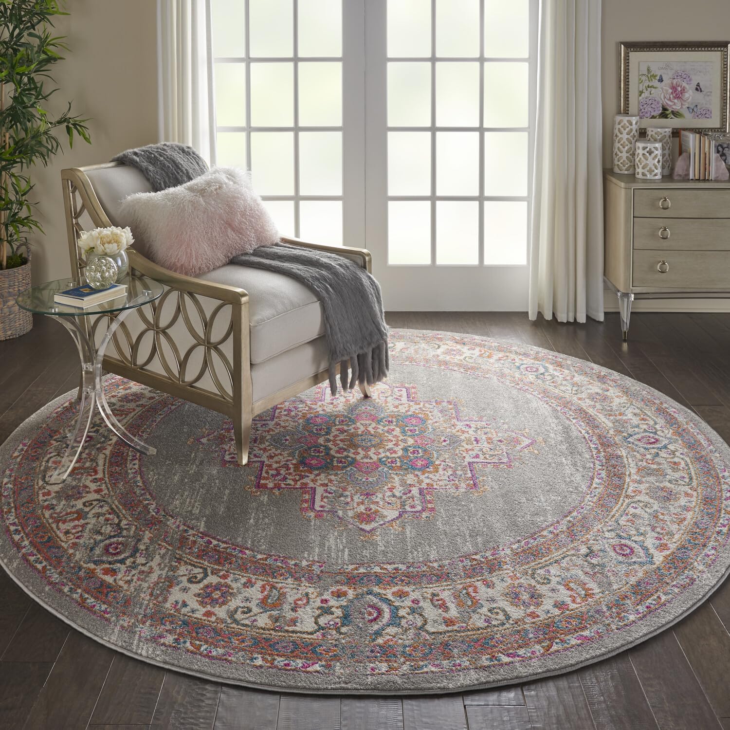 Nourison Passion Grey 8' X Round Area -Rug, Boho, Traditional, Easy -Cleaning, Non Shedding, Bed Room, Living Room, Hallway, (8'