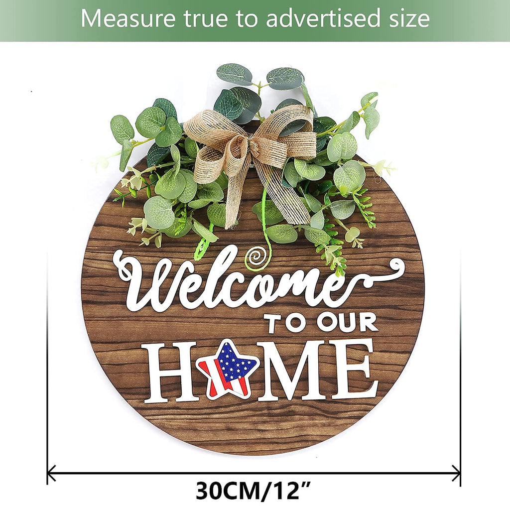 Interchangeable Seasonal Welcome Sign Front Door Decoration, Rustic Round Wood Wreaths Wall Hanging Outdoor, Farmhouse, Porch, F