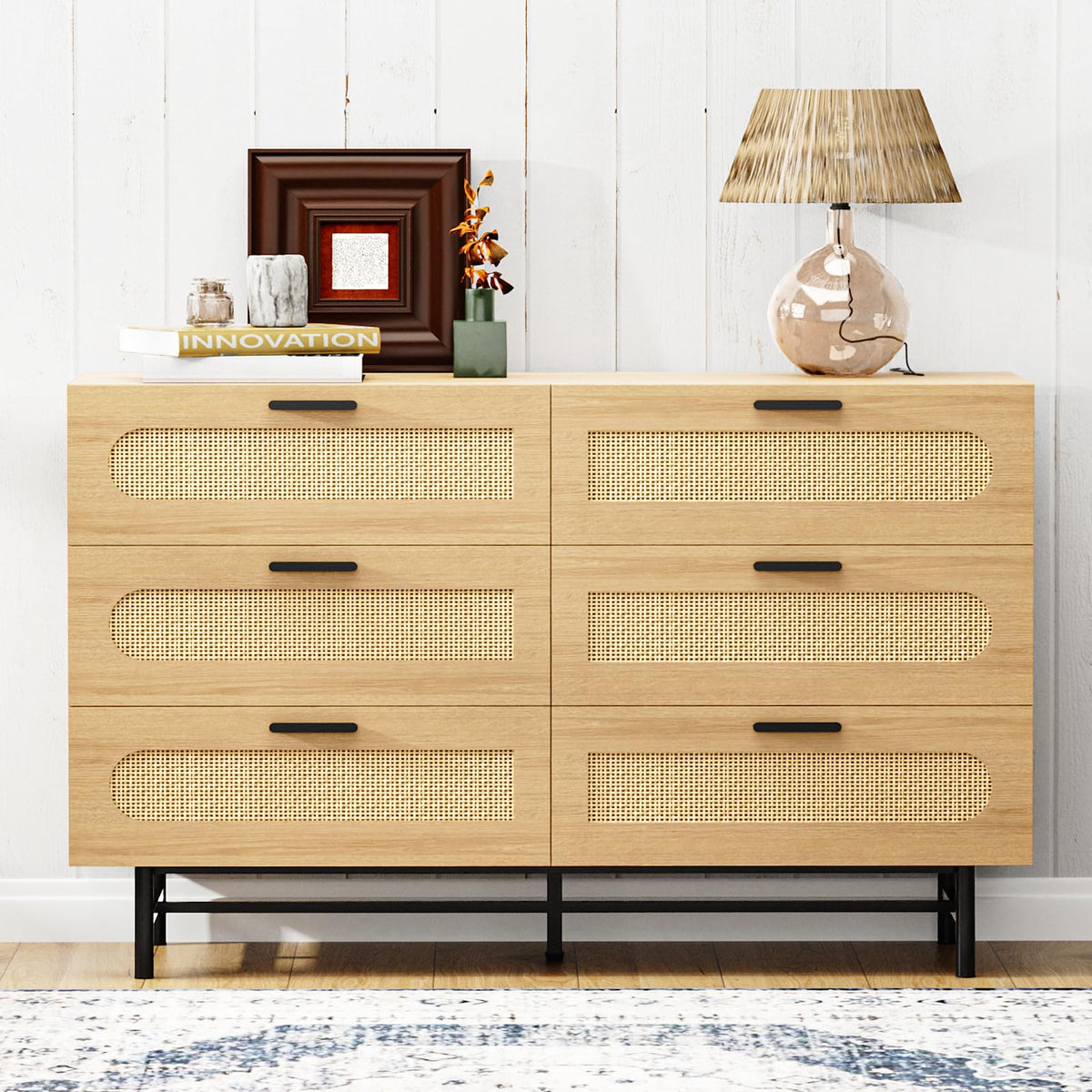 MAISONPEX Dresser for Bedroom with 6 Drawer, Natural Rattan Chest of Drawers, Wooden Dresser for Nursery, Hallway, Living Room
