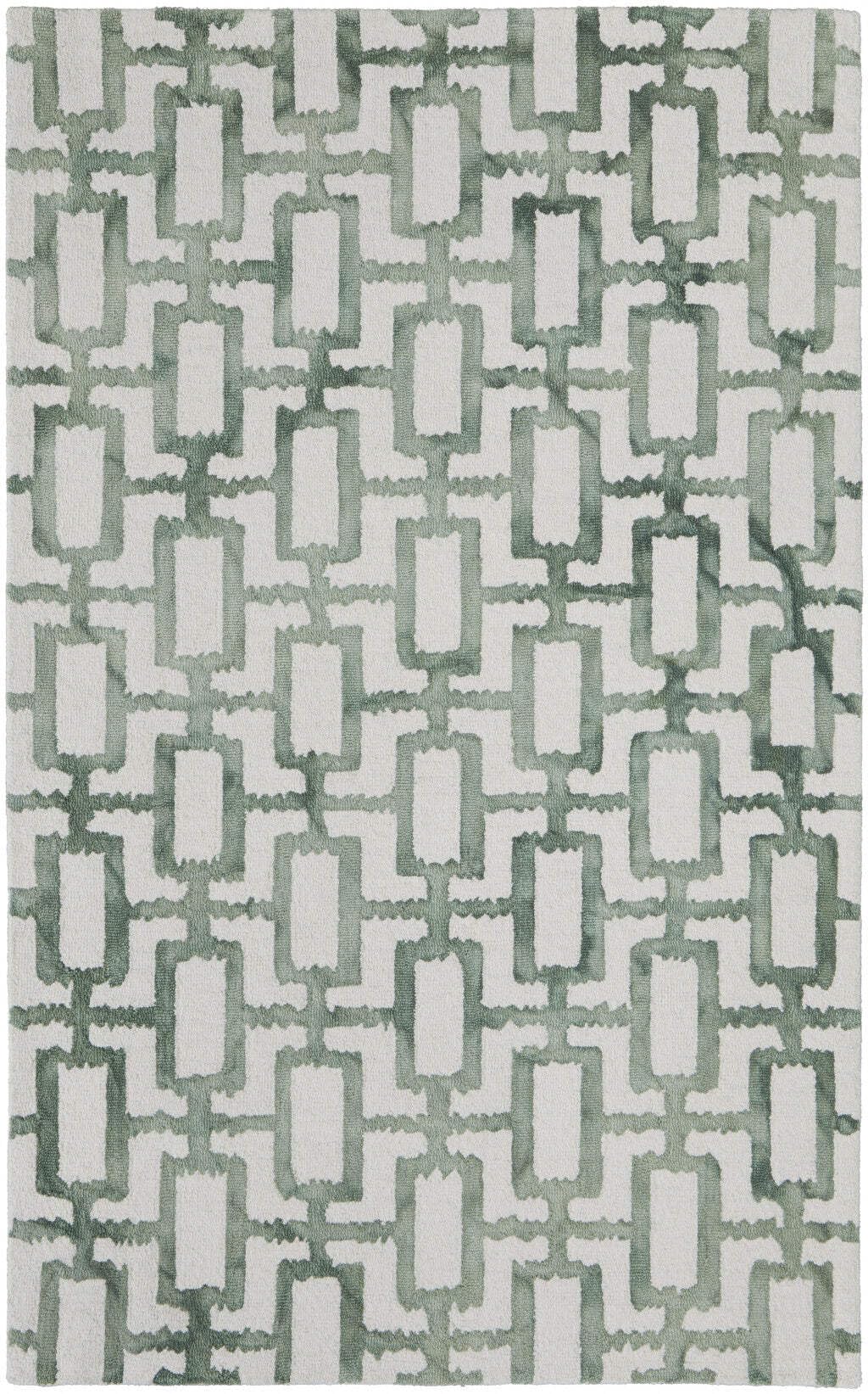 HomeRoots 511100 8 x 11 ft. Ivory & Green Wool Geometric Hand Tufted Handmade Rectangle Area Rug