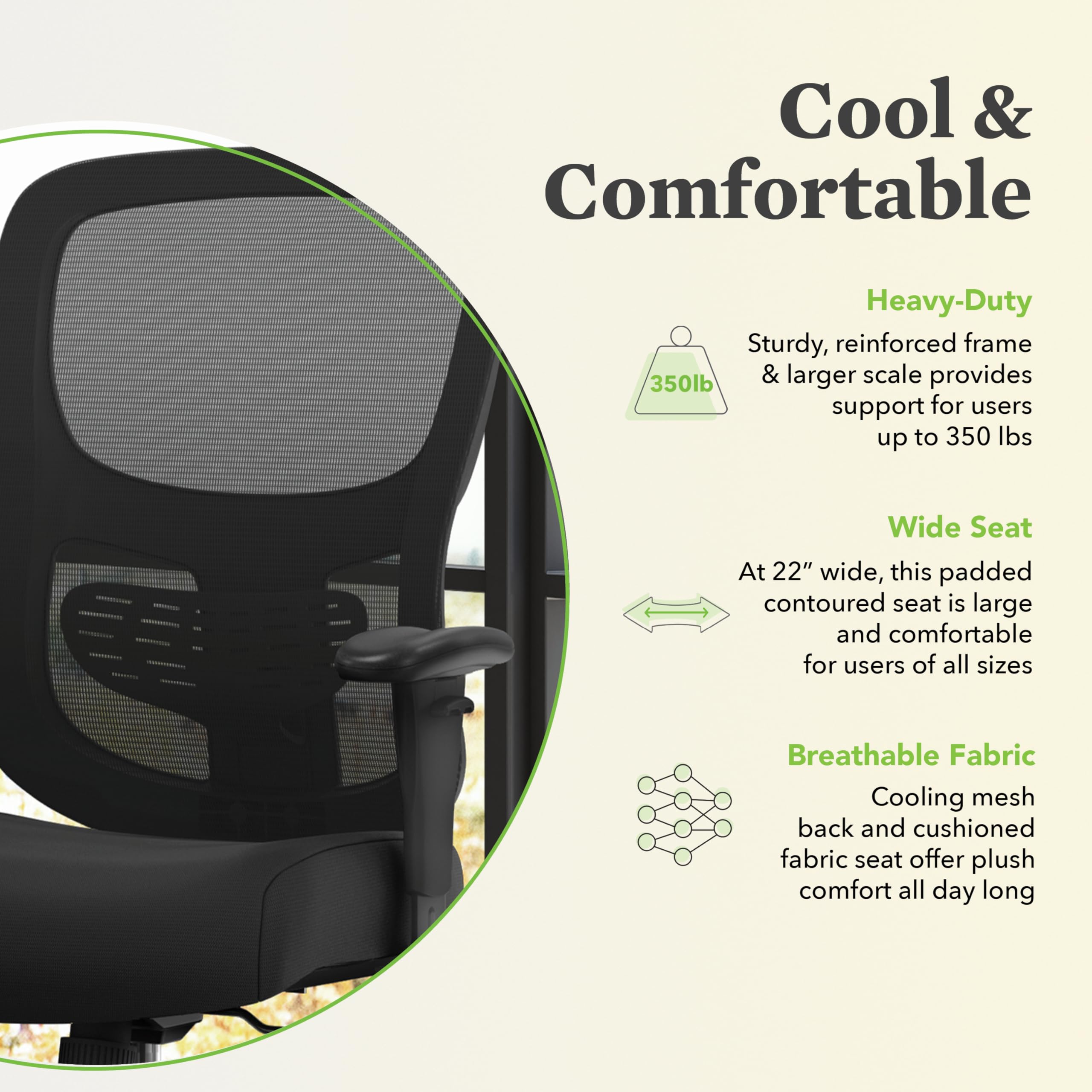 HON Sadie Big and Tall Mesh Back Chair, with Height Arms, Adjustable Lumbar, 30.31D x 30.31W x 42.91H in, Black