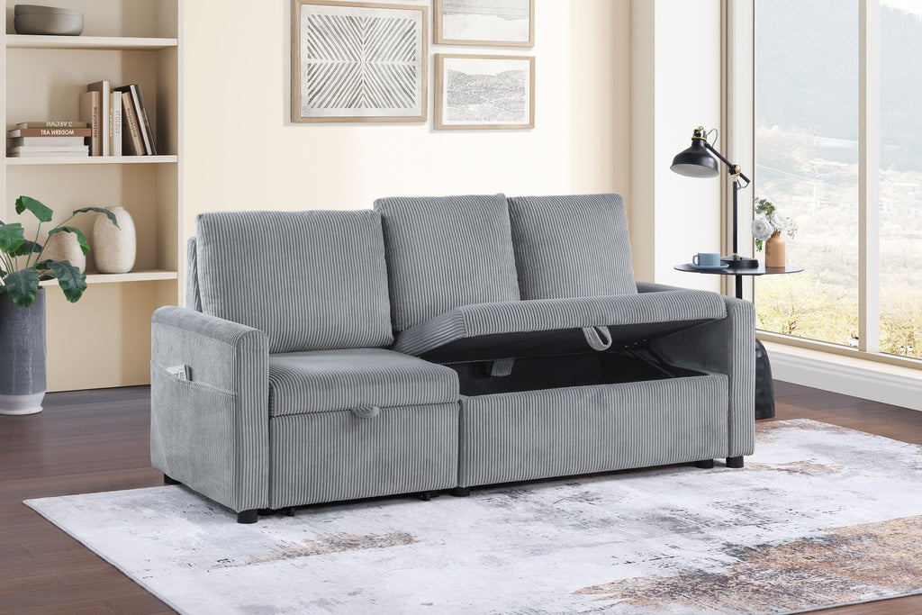 Lilola Home Oswin 70' W Gray Corduroy Sofa with Pull-Out Chaise, Underseat Storage, Side Pocket