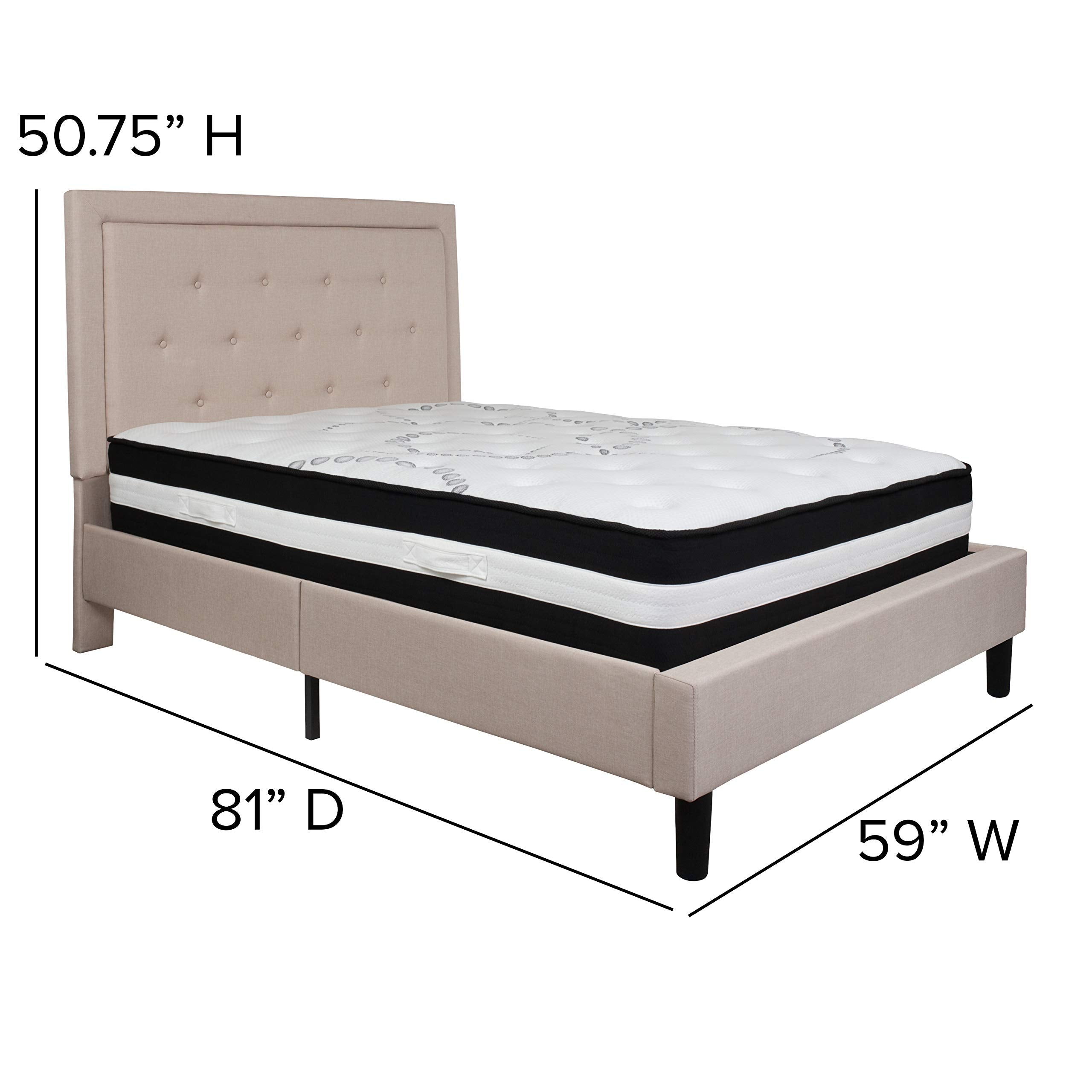 Flash Furniture Roxbury Full Size Tufted Upholstered Platform Bed In Beige Fabric With Pocket Spring Mattress