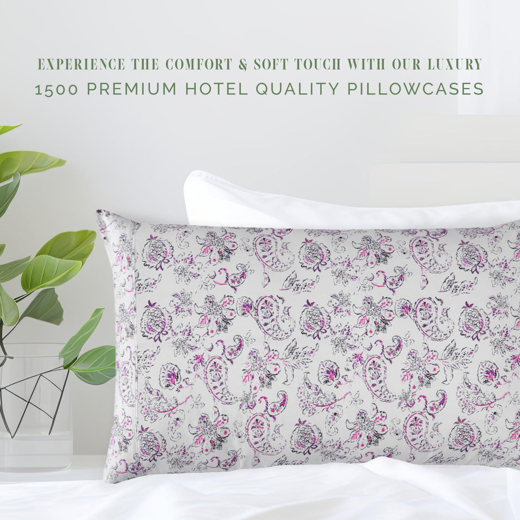 Elegant Comfort Ultra Soft Set Of 2 Floral Print Pillowcases - 1500 Premium Hotel Quality Microfiber, Soft And Smooth Envelope Closure 2-Piece Pillow Covers - King, Paisley Purple