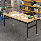 60' Adjustable Work Bench, Rubber Wood Top Workbench Heavy-Duty Work Table With Power Outlet With Wheels, 2000 Lbs Load Capacity Hardwood Work Benches For Garage, Workshop, Home, Office, Easy Assembly