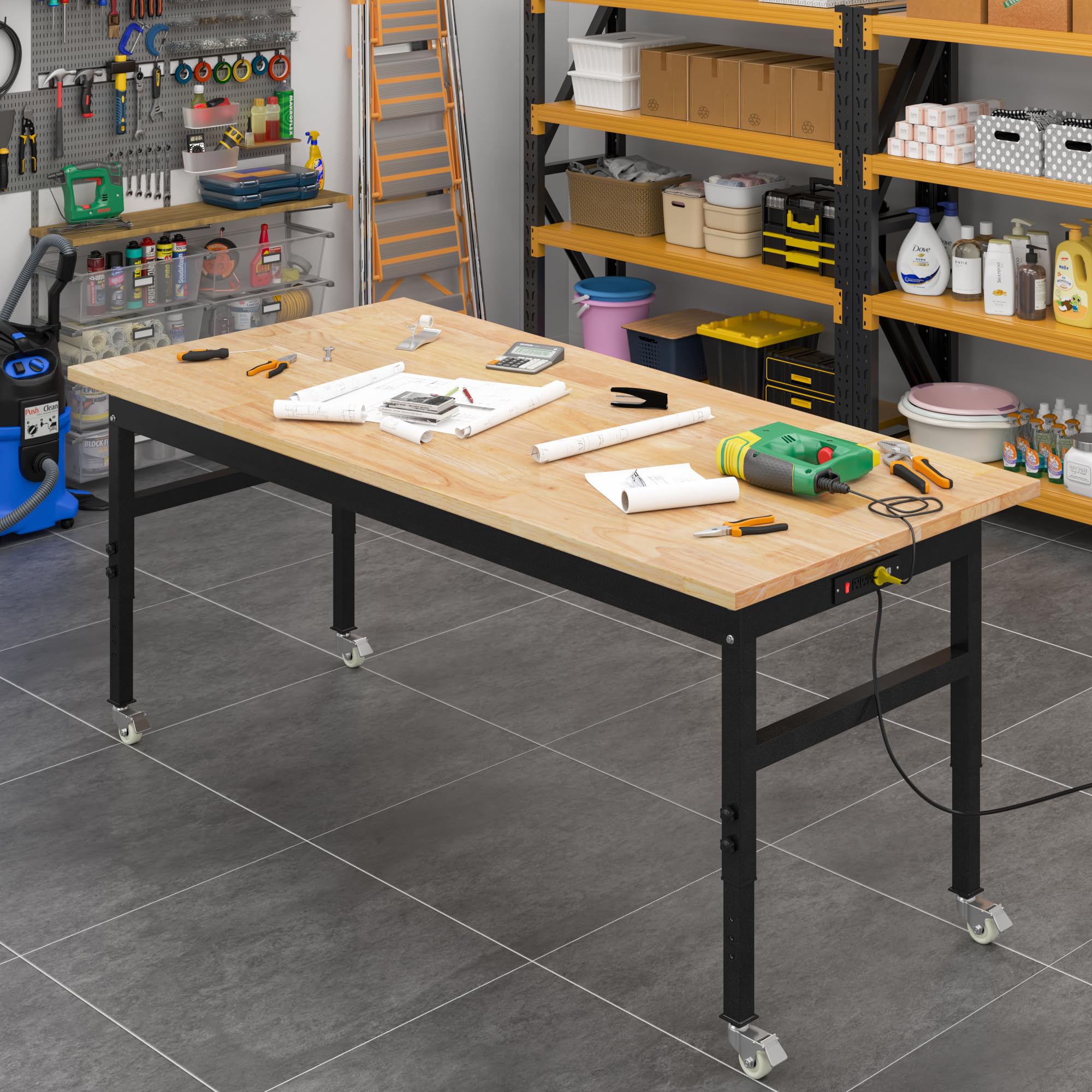 60' Adjustable Work Bench, Rubber Wood Top Workbench Heavy-Duty Work Table With Power Outlet With Wheels, 2000 Lbs Load Capacity Hardwood Work Benches For Garage, Workshop, Home, Office, Easy Assembly