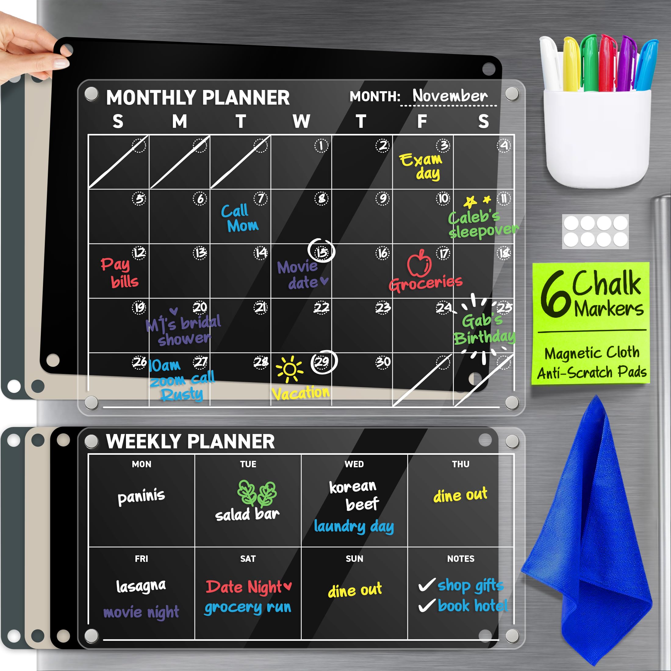 Acrylic Fridge Calendar - Magnetic Calendar For Refrigerator - 2Pc Family Refrigerator Magnetic Dry Erase Planning Board Monthly