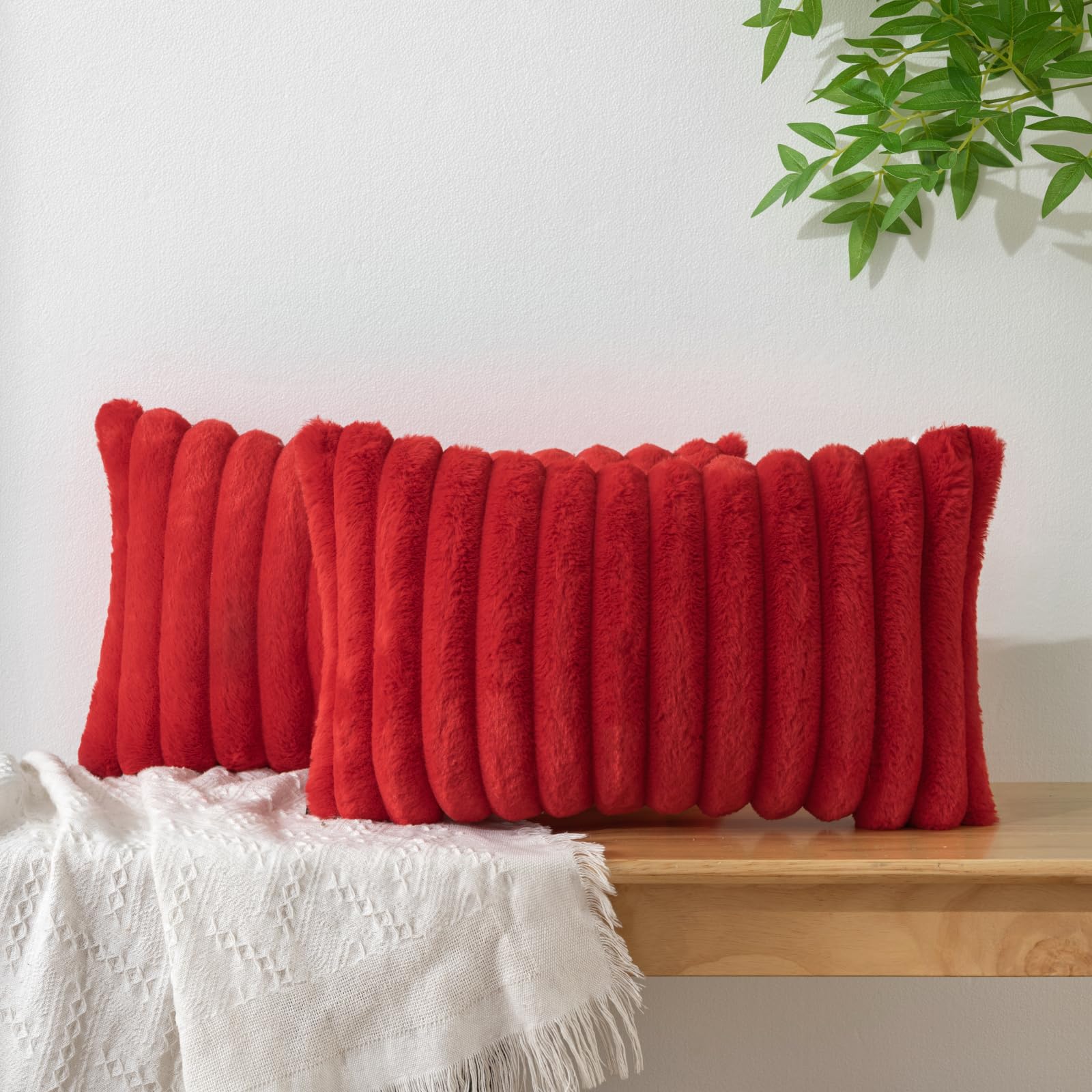BBiggood Christmas Red Lumbar Throw Pillow Covers 12x20 Set of 2, Velvet Striped Decor Cushion Covers with Back Faux Rabbit Fur 