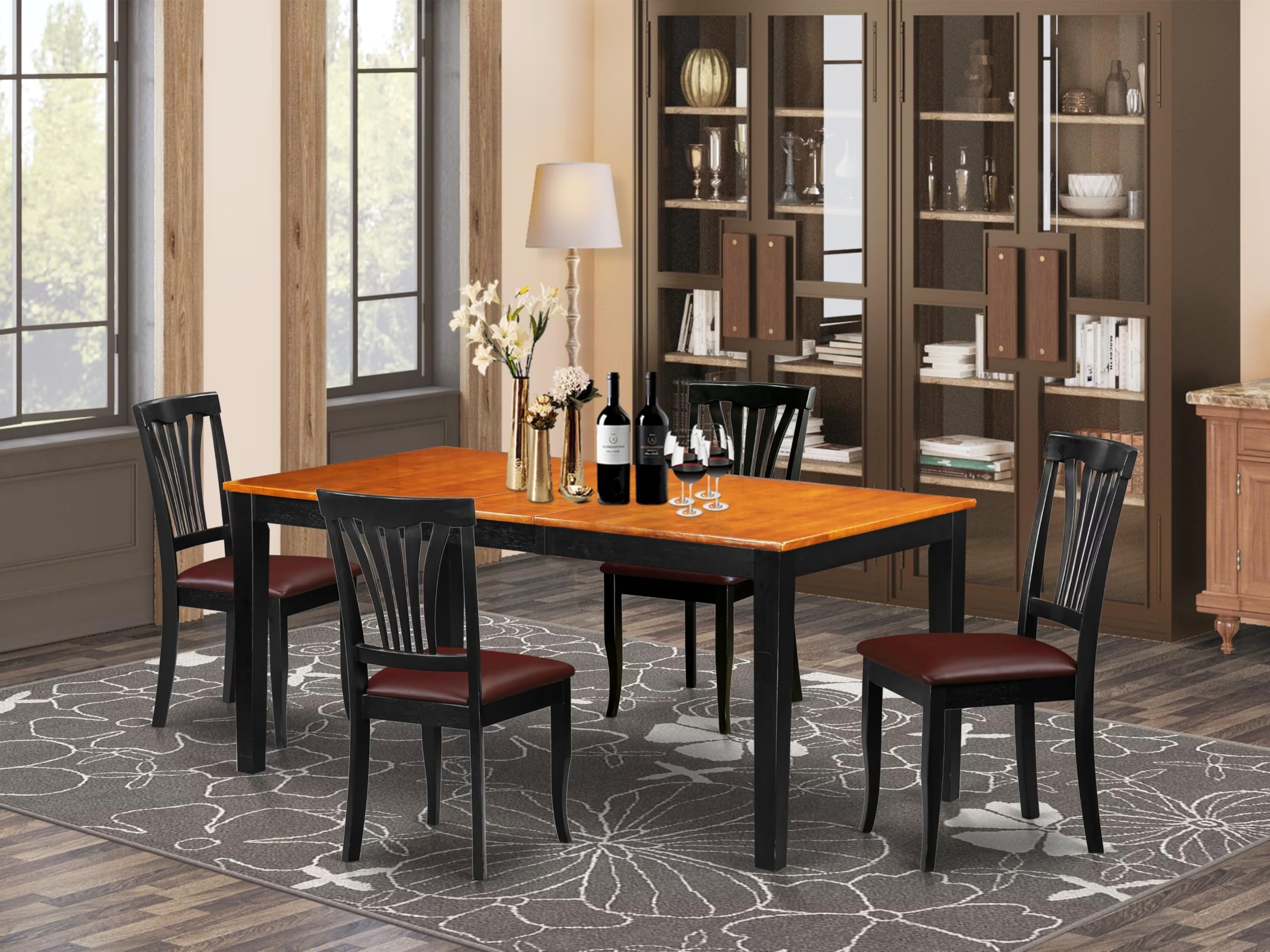 East West Furniture NIAV5-BCH-LC 5 Piece Kitchen Table Set for 4 Includes a Rectangle Dining Room Table with Butterfly Leaf and 4 Faux Leather Upholstered Chairs, 36x66 Inch, Black & Cherry