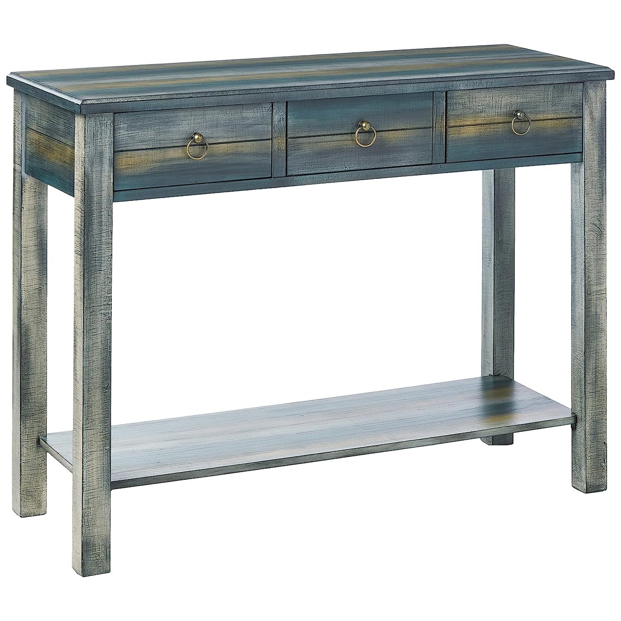 Benzara Glancio Beautiful Console Table, Antique Oak/Teal Blue