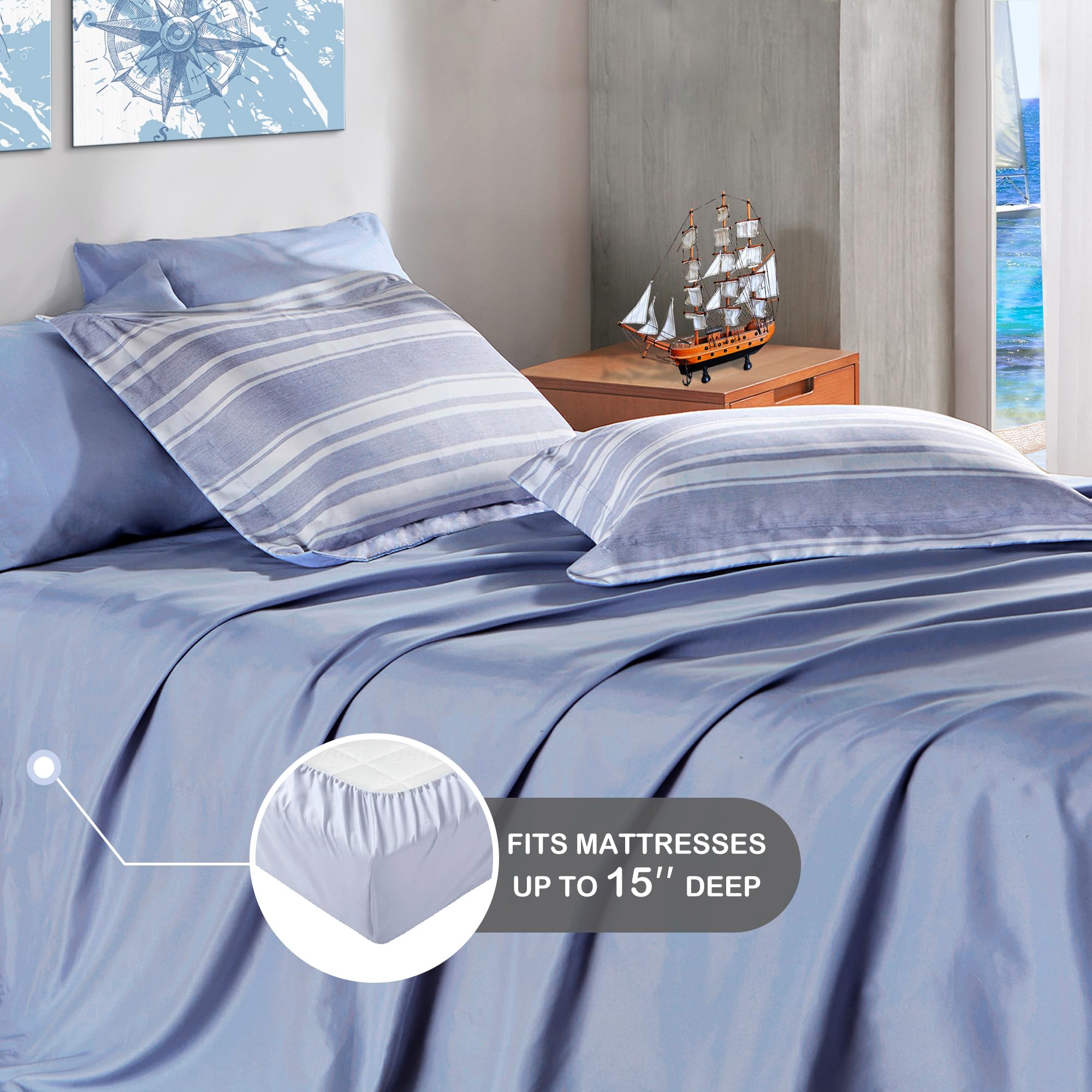 Codi King Size Bedding Comforter Sets With Sheets, Blue White Striped Bed In A Bag Reversible For All Seasons, Modern Cationic D