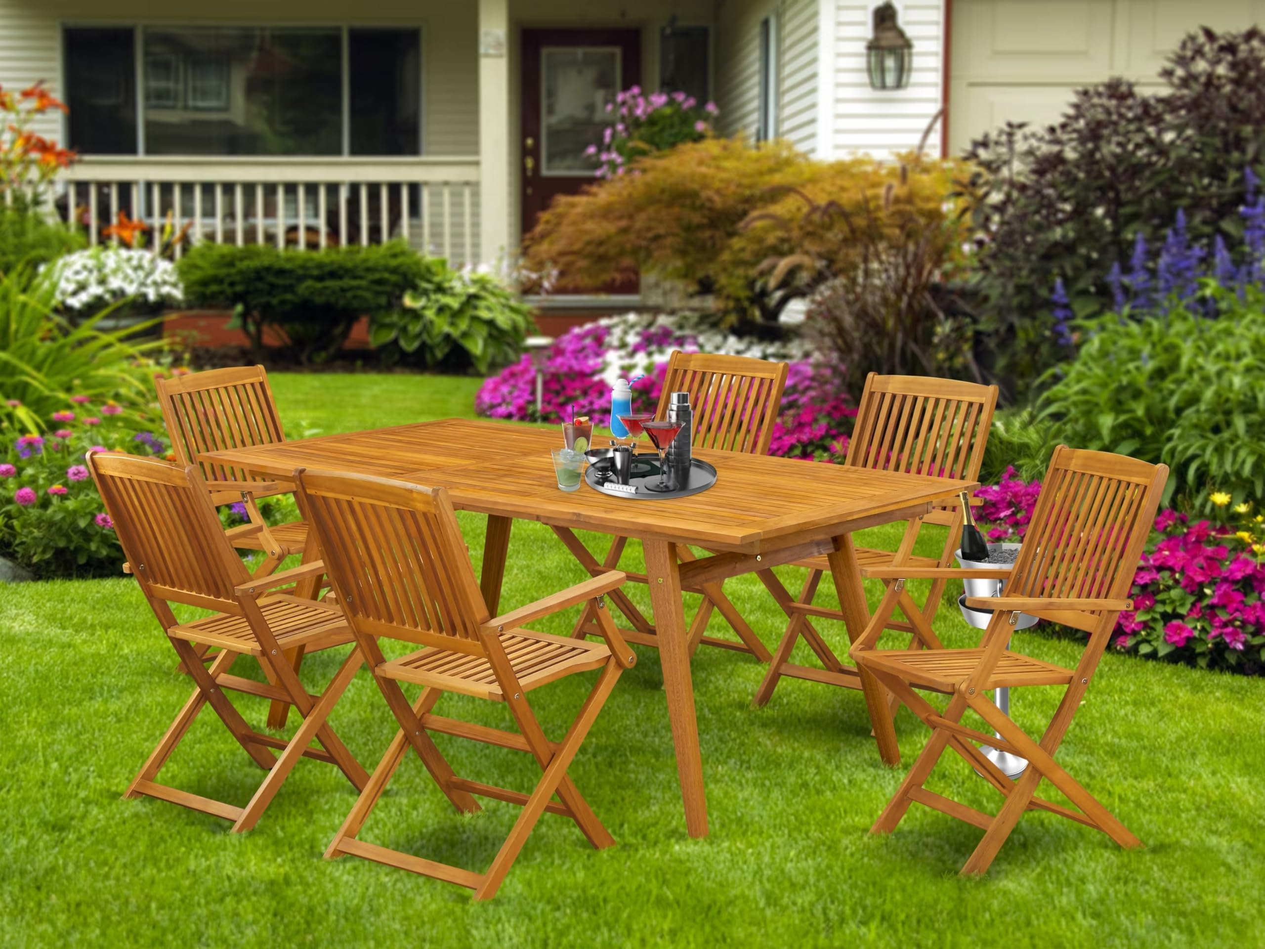 East West Furniture Decm7Cana 7 Piece Patio Dining Set Consist Of A Rectangle Outdoor Acacia Wood Table And 6 Folding Arm Chairs, 40X72 Inch, Natural Oil