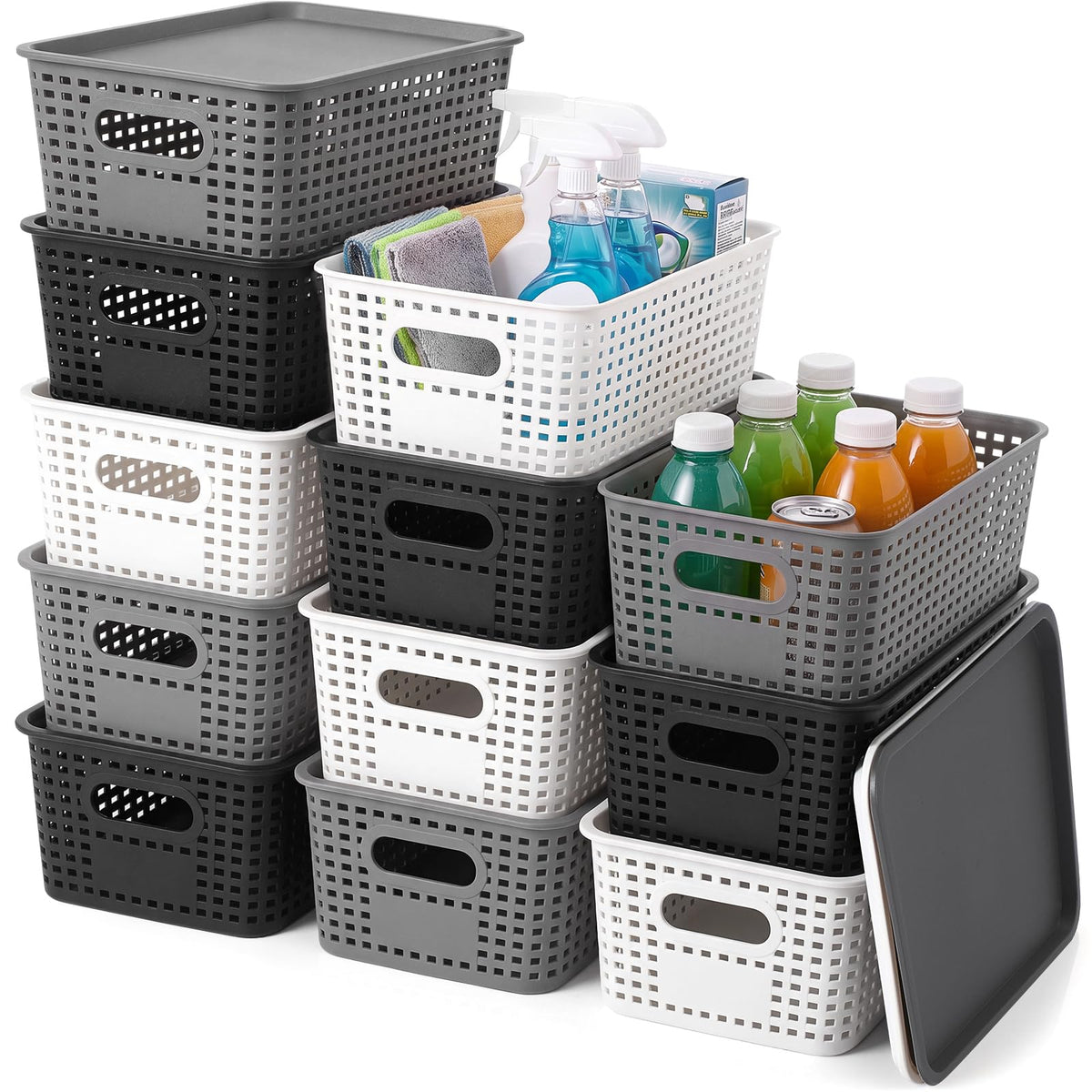 Remerry 12 Pack Plastic Storage Baskets with Lids Stackable, Classic Color