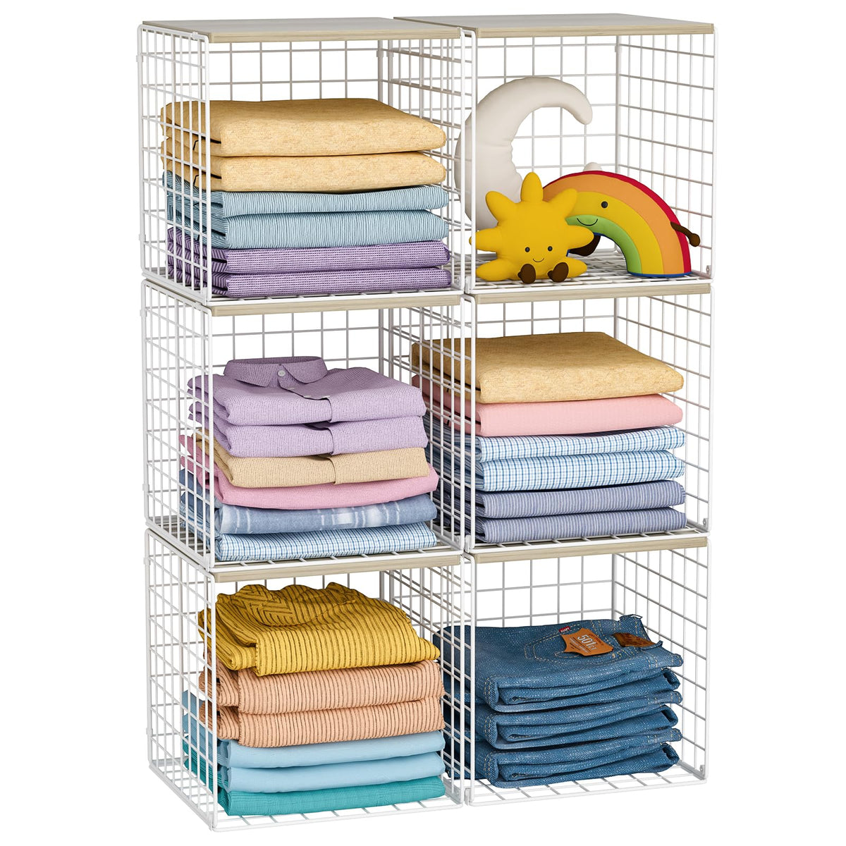 Hencawima 6 Pack Stackable Closet Organizer, Closet Organizers and Storage Shelves with Wood Tops, Metal Storage Bins for Closet