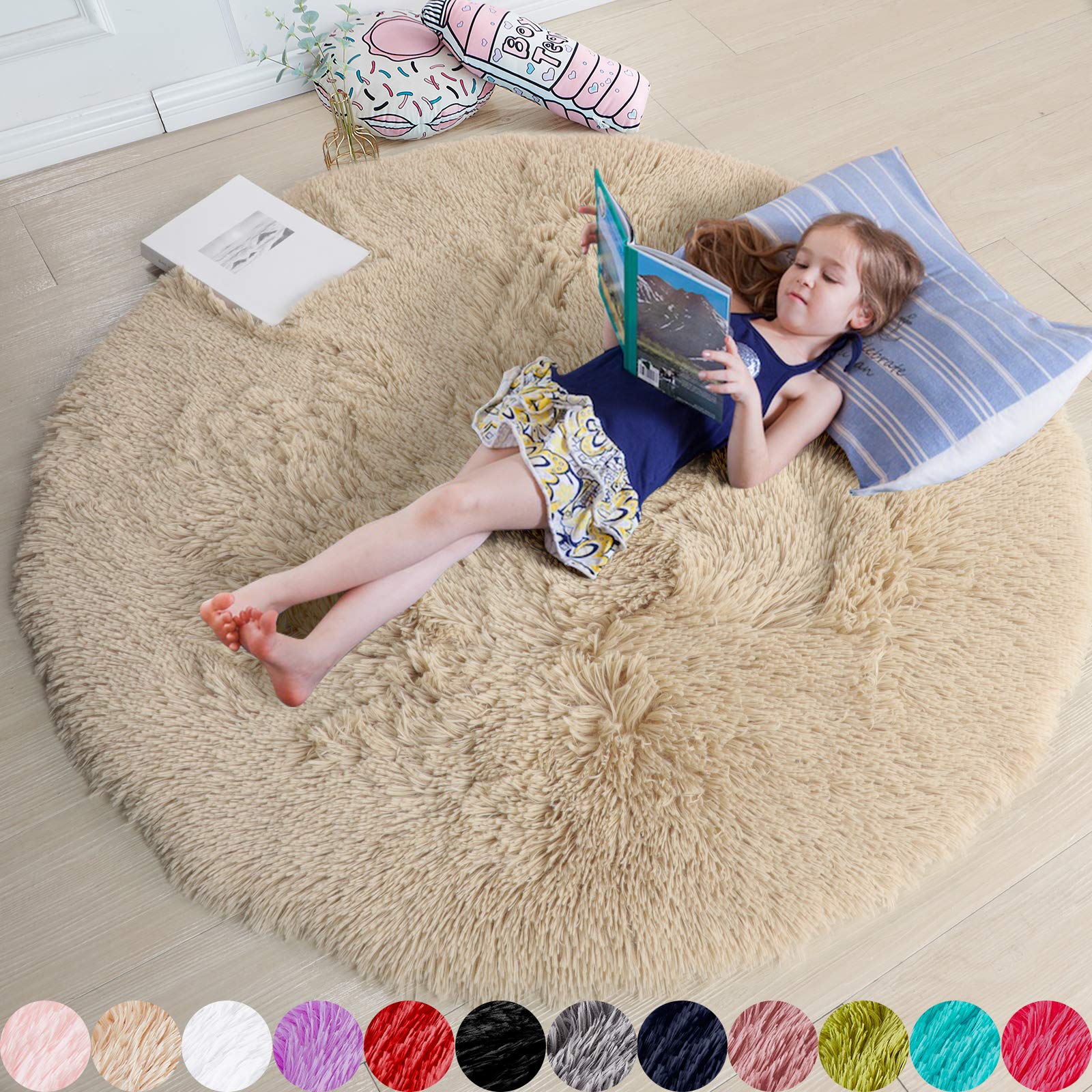 Beige Round Rug for Bedroom,Fluffy Circle Rug 4X4 for Kids Room,Furry Carpet for Teens Room,Shaggy Circular Rug for Nursery R