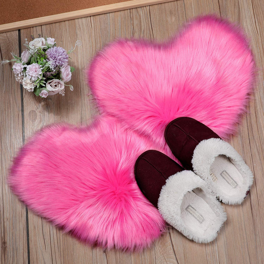 Mudder 2 Pieces Heart Shaped Rug Faux Room Fluffy Carpet Heart Shaped Door Mat For Room Bedroom, 12 X 16 Inch(Rose Red)