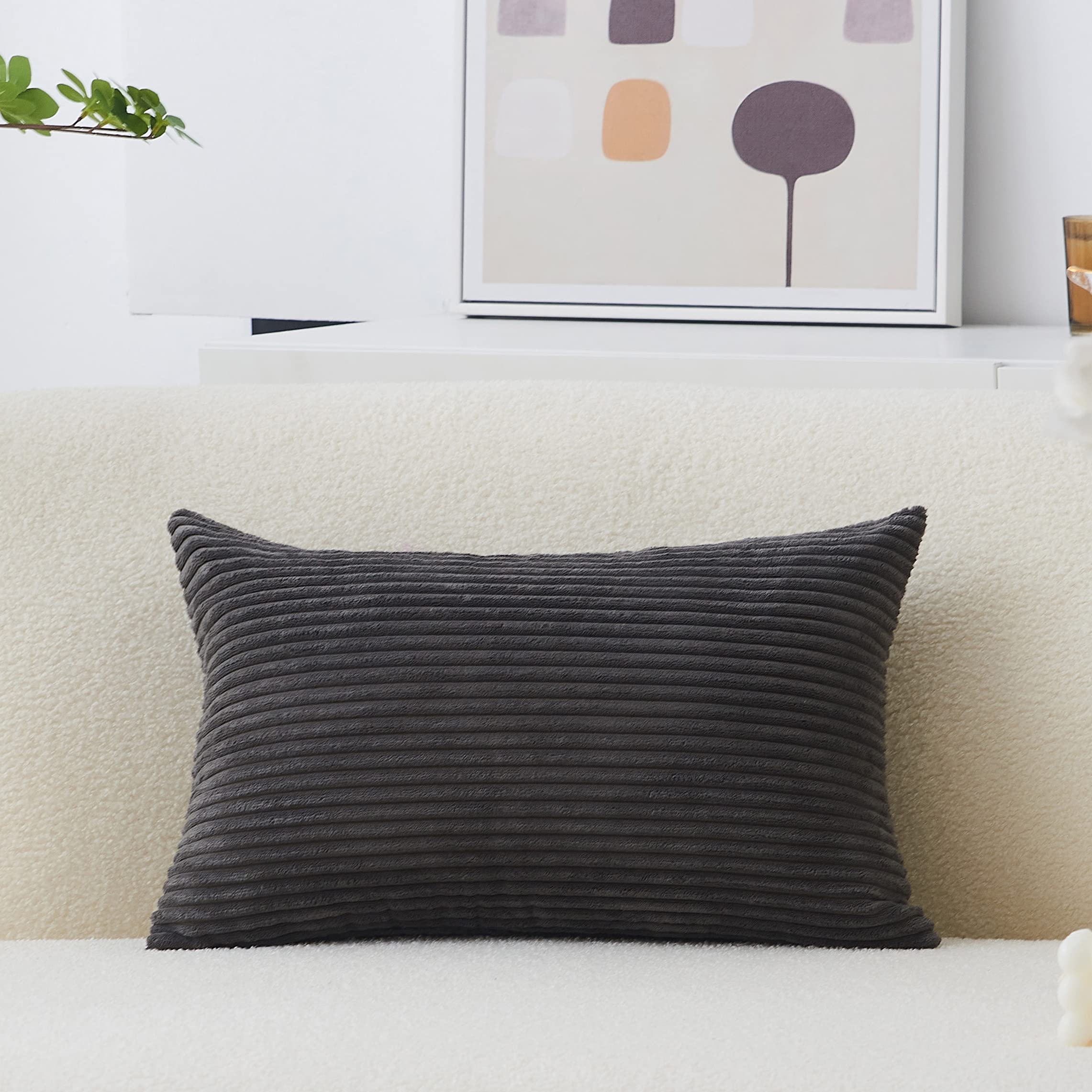 Home Brilliant Decorative Plush Striped Velvet Corduroy Oblong Pillowcase Accent Cushion Cover, 12 X 20 Inch (30X50 Cm), Dark Gr