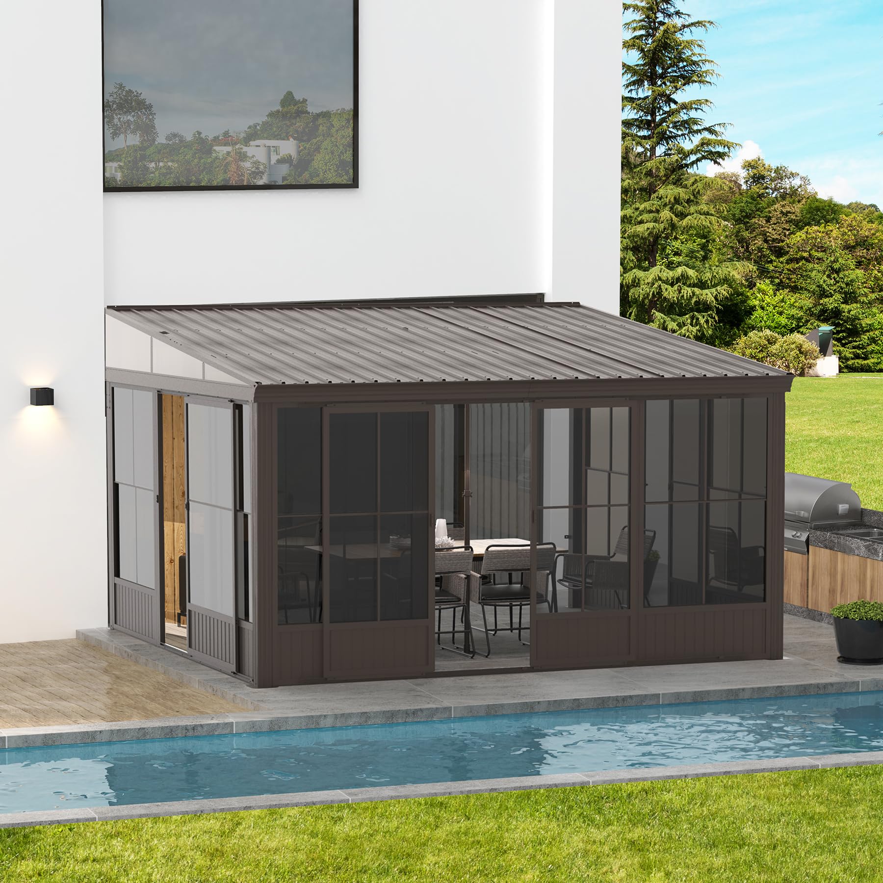 Domi 10' X 12' Lean To Gazebo With Aluminum Frame, Wall Mounted Gazebo Hardtop Galvanized Steel Sloping Roof With Curtains And N