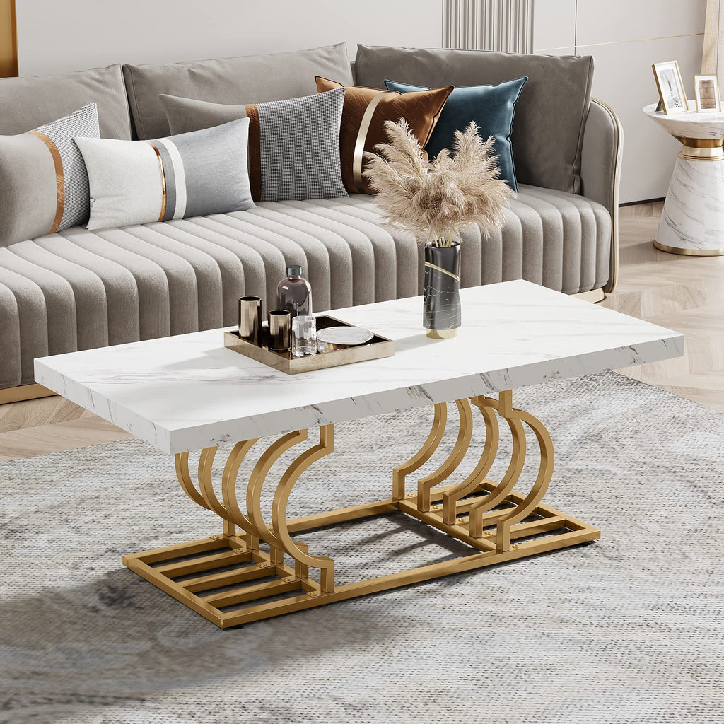 Tribesigns Modern Coffee Table, 47 Inch Faux Marble Cocktail Table With Geometric Frame, Rectangular Center Table Tea Table Accent Furniture For Living Room, Simple Assembly (White/Gold)