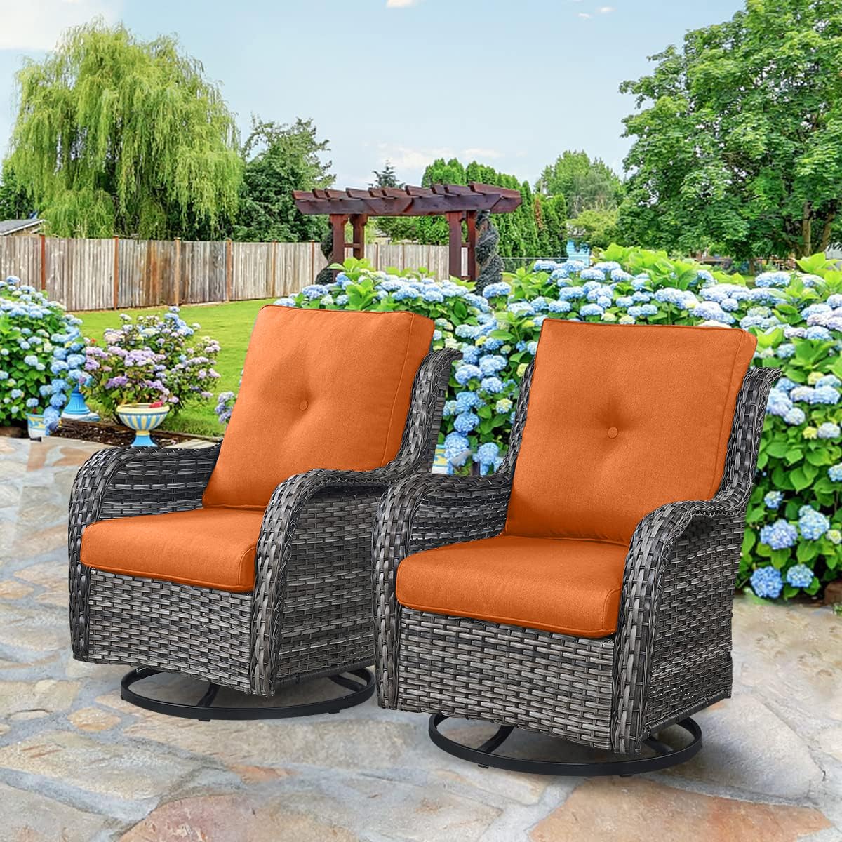 Hummuh Outdoor Swivel Rocker Wicker Patio Chairs Set Of 2, Rattan Rocking Chair Furniture Set(Grey,Orange)