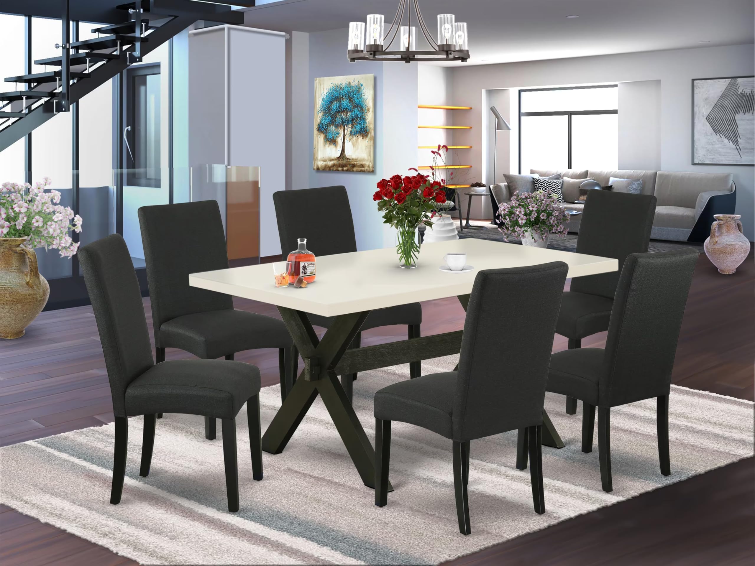 East West Furniture X626Dr124-7 7 Piece Kitchen Table Set Consist Of A Rectangle Dining Table With X-Legs And 6 Black Color Linen Fabric Parson Dining Chairs, 36X60 Inch, Multi-Color
