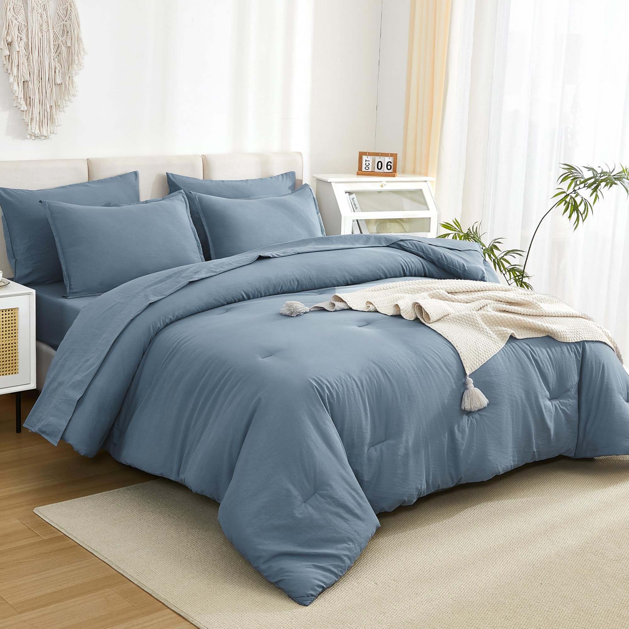 Litanika Comforter California King Size Set Grayish Blue - 7 Pieces Bed In A Bag California King Beddding Comforter Sets, Plain